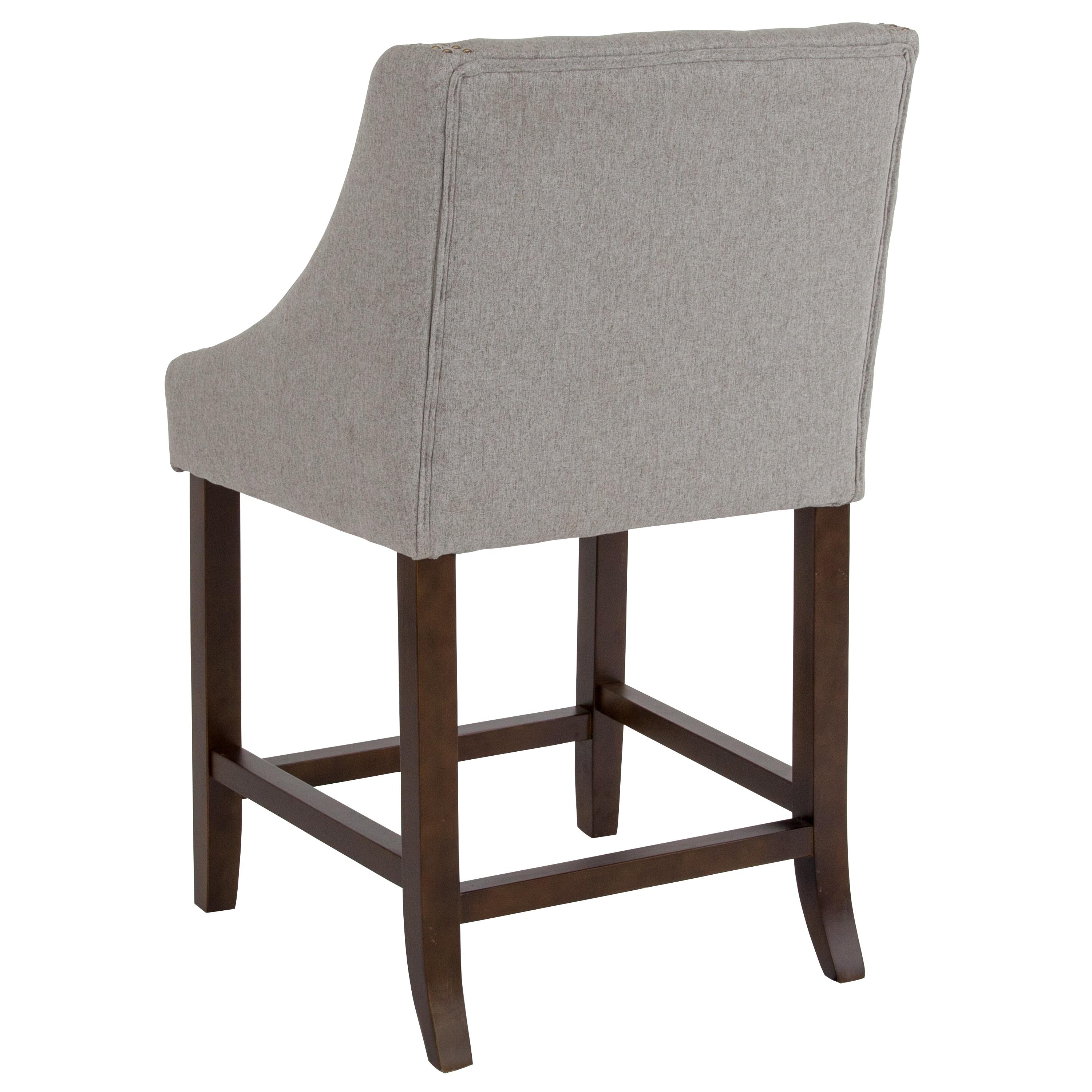 Flash Furniture Carmel Series 24" High Transitional Walnut Counter Height Stool with Accent Nail Trim in Light Gray Fabric
