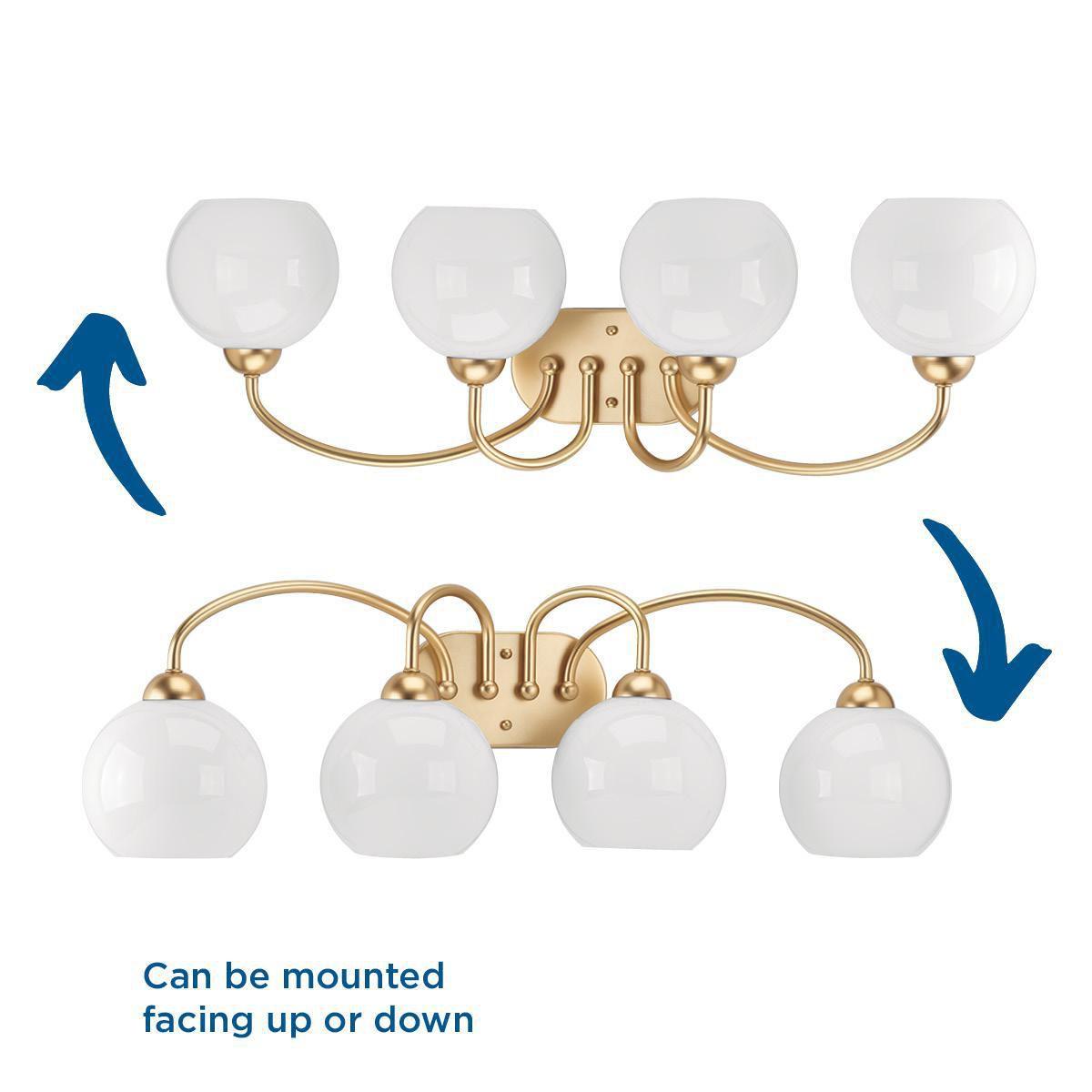 Progress Lighting Carisa 4-Light Bath Wall Light, Vintage Gold, White Glass Globes