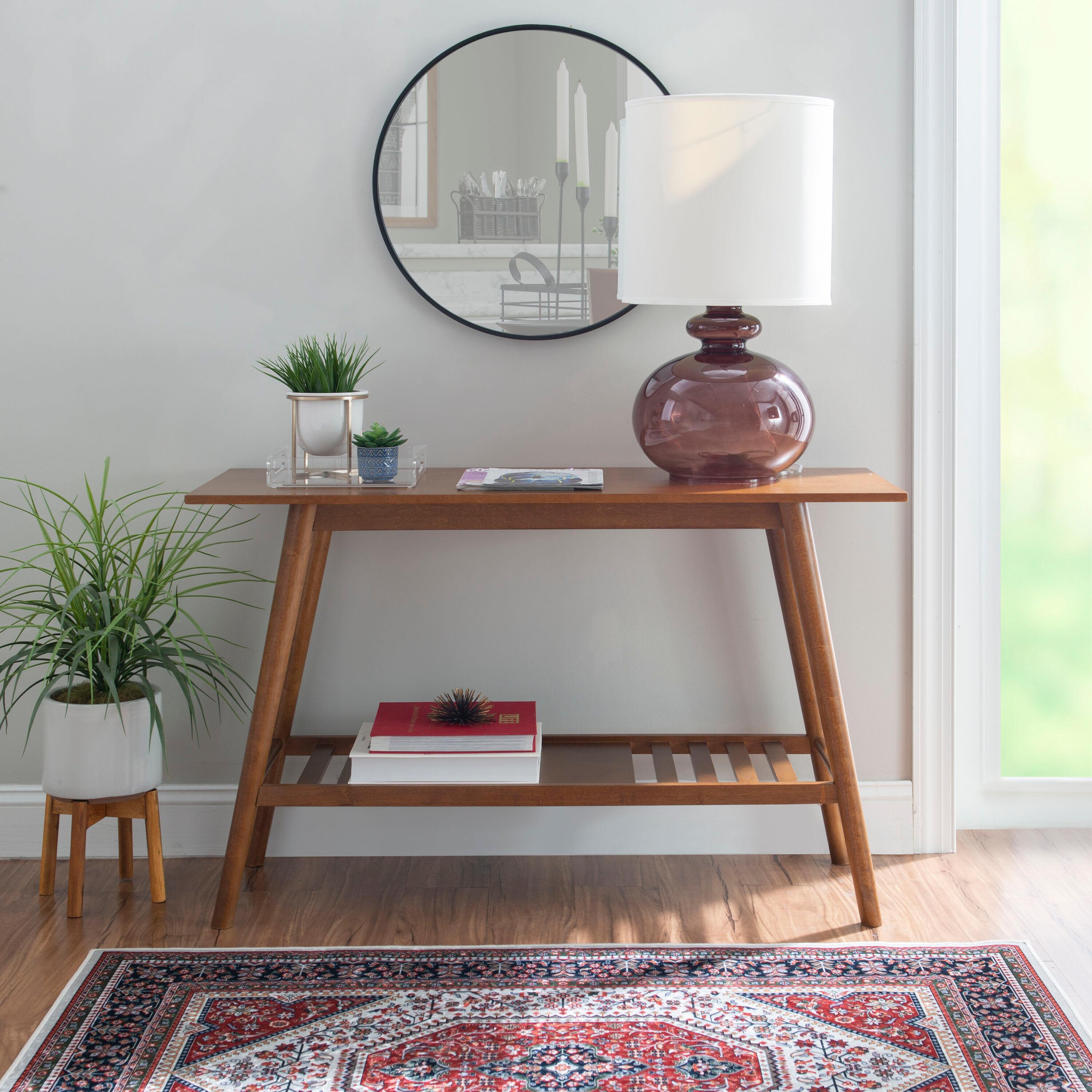 Linon 48" Charlotte Mid-Century Modern Wood Console Table With Bottom Storage Shelf Brown: Rubberwood Frame, MDF Surface