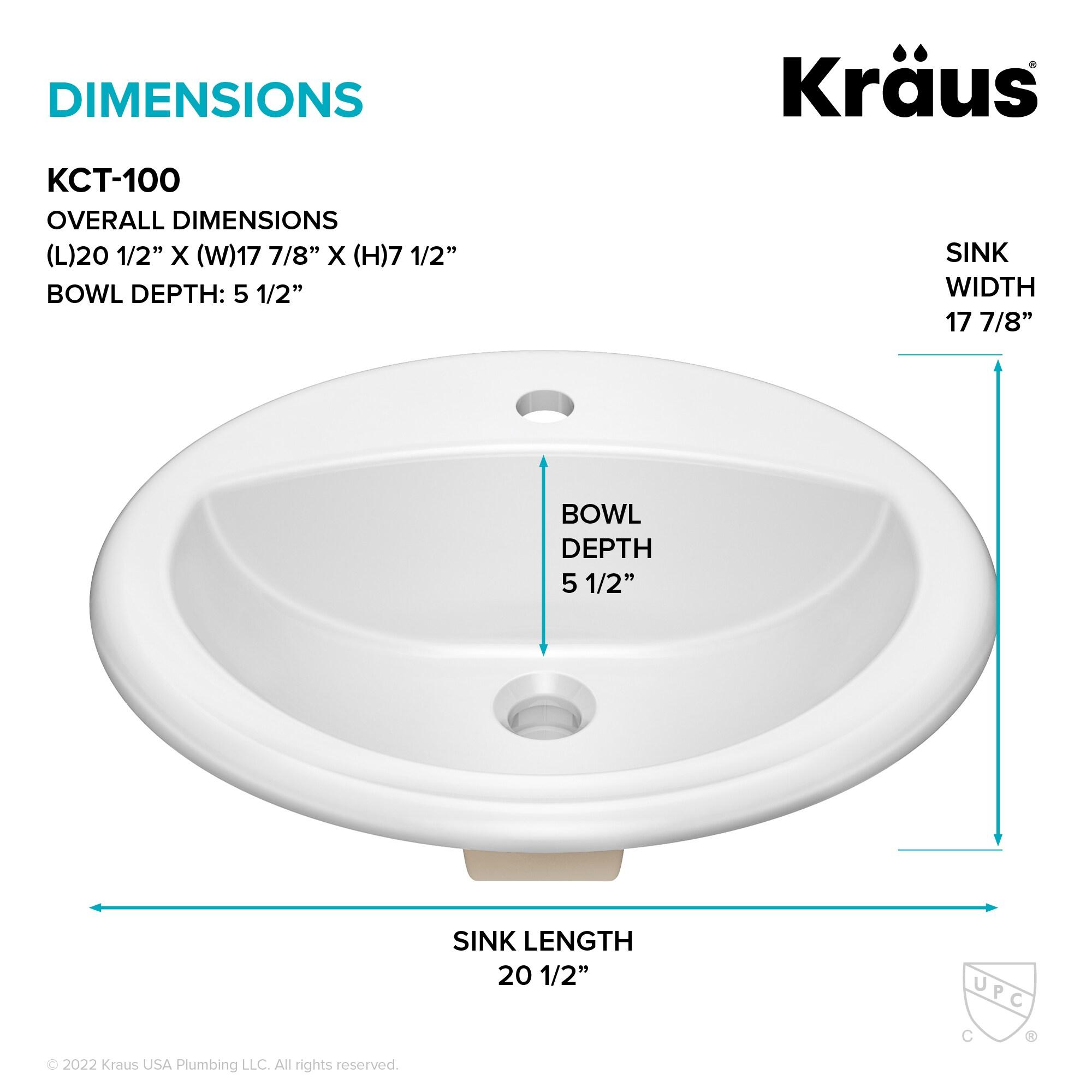 KRAUS Elavo. Oval Porcelain Ceramic Self-Rimming Drop In Bathroom Sink In White With Overflow Drain, KCT-100