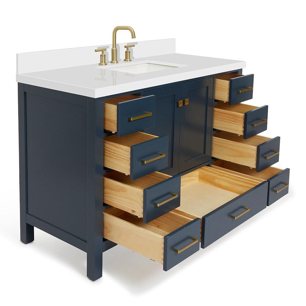 ARIEL 49" Bathroom Vanity with 1.5" Edge Pure White Quartz Countertop & Backsplash, Center Rectangular Sink, 2 Soft Closing Doors, 9 Full Extension Dovetail Drawers, Brushed Nickel - Midnight Blue