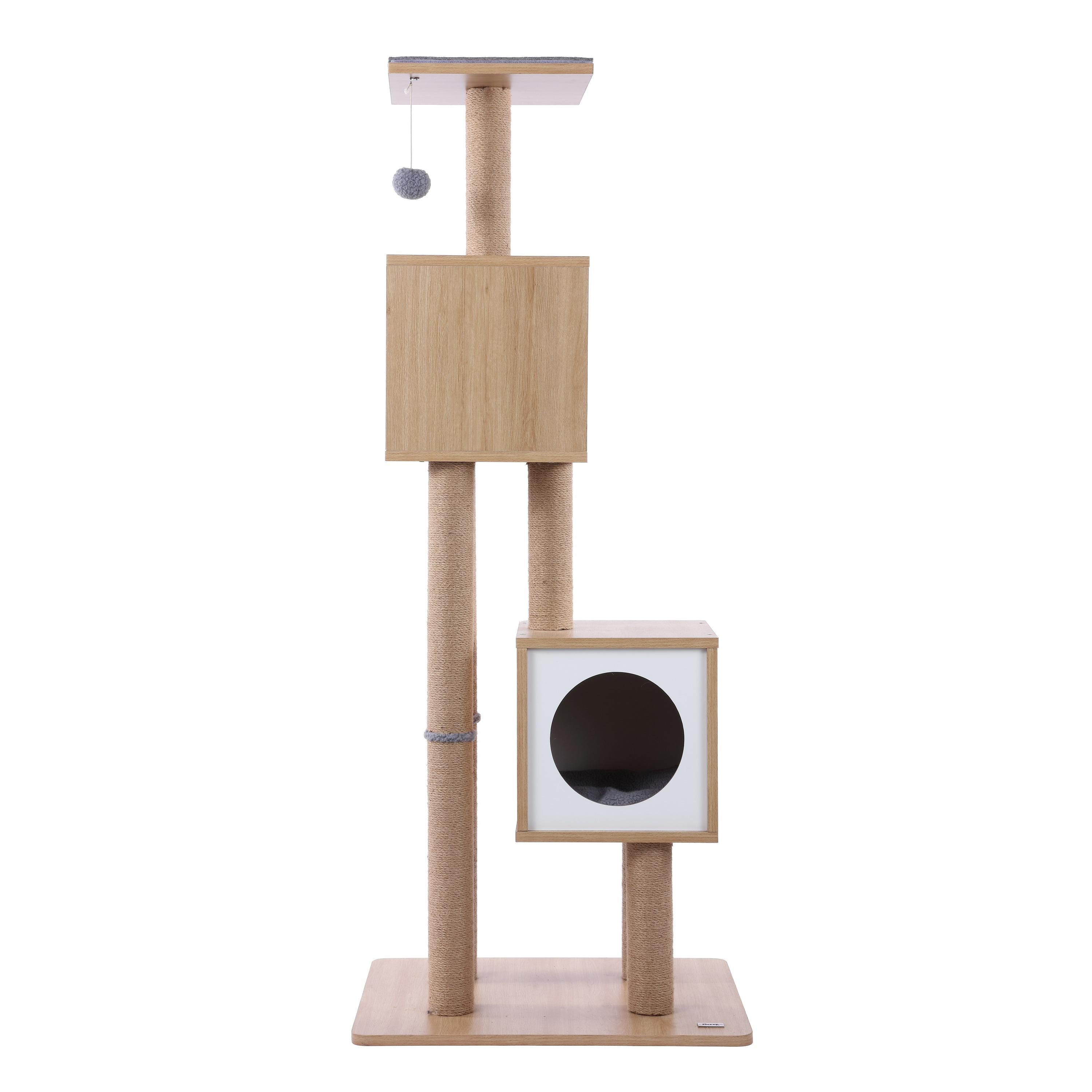 Sawyer 56" 3-Tier Minimalist Jute Cat Tree Condo with Scratching posts, and Fuzzy Toy, Brown/White