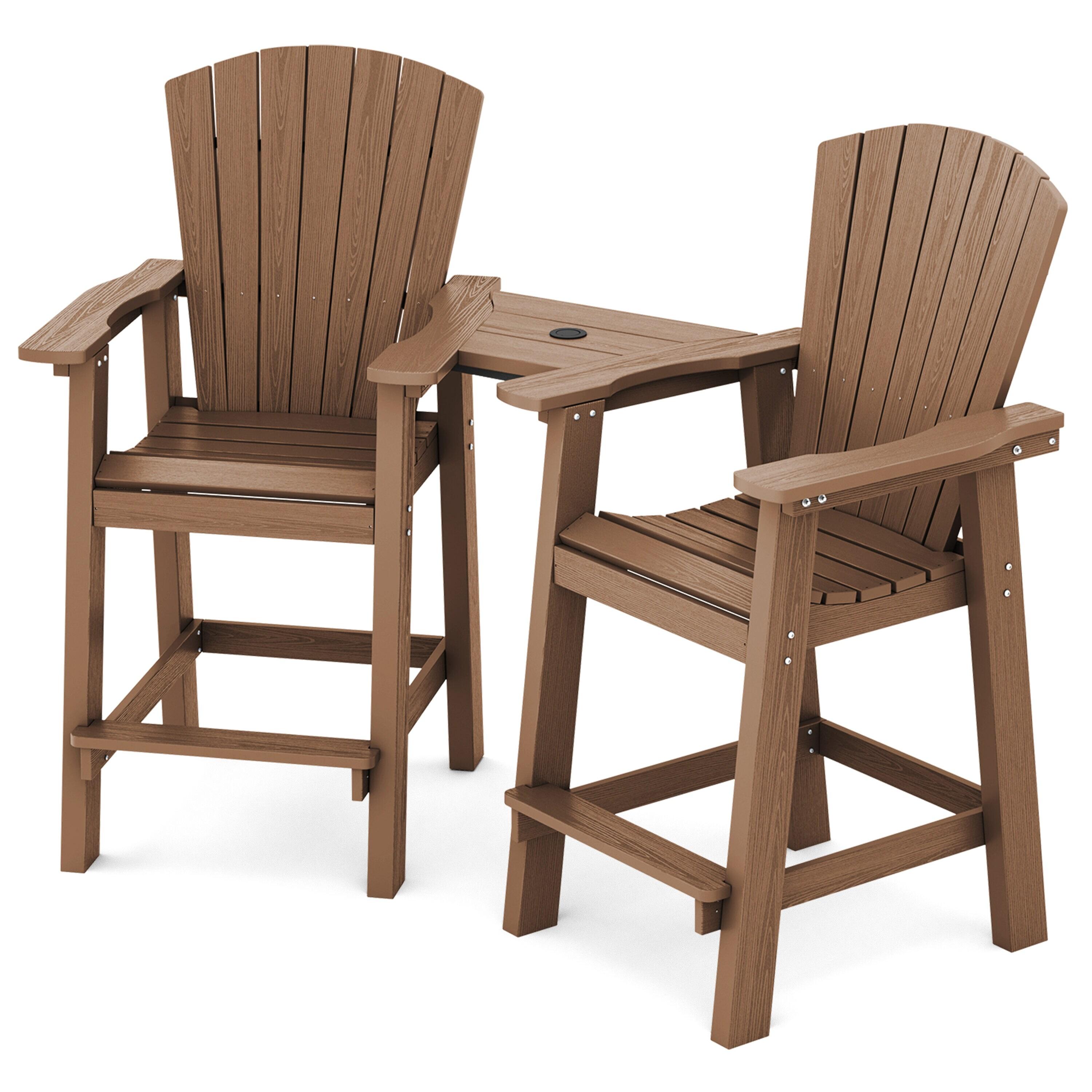 JUSTLET Tall Plastic Adirondack Chair Set of 2 W/ Outdoor Barstools and Connecting Tray, Brown
