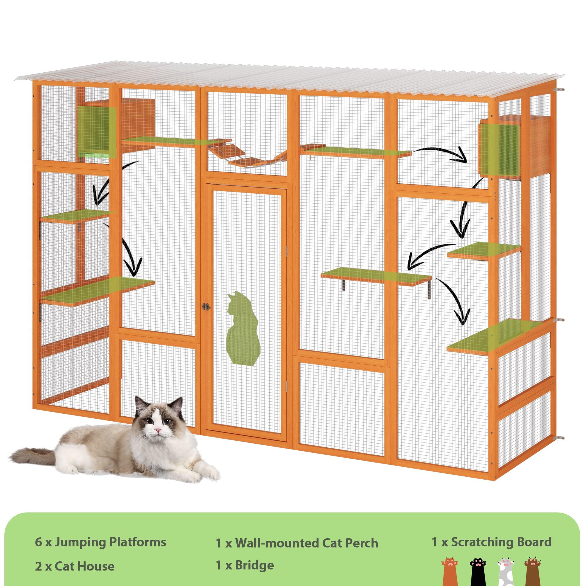 COZIWOW Outdoor Cat Enclosure, Catio Pet Safe House, 104" Extra Large Indoor Window Box with 7 Platforms, Resting Houses, and Walk-In Door, Orange