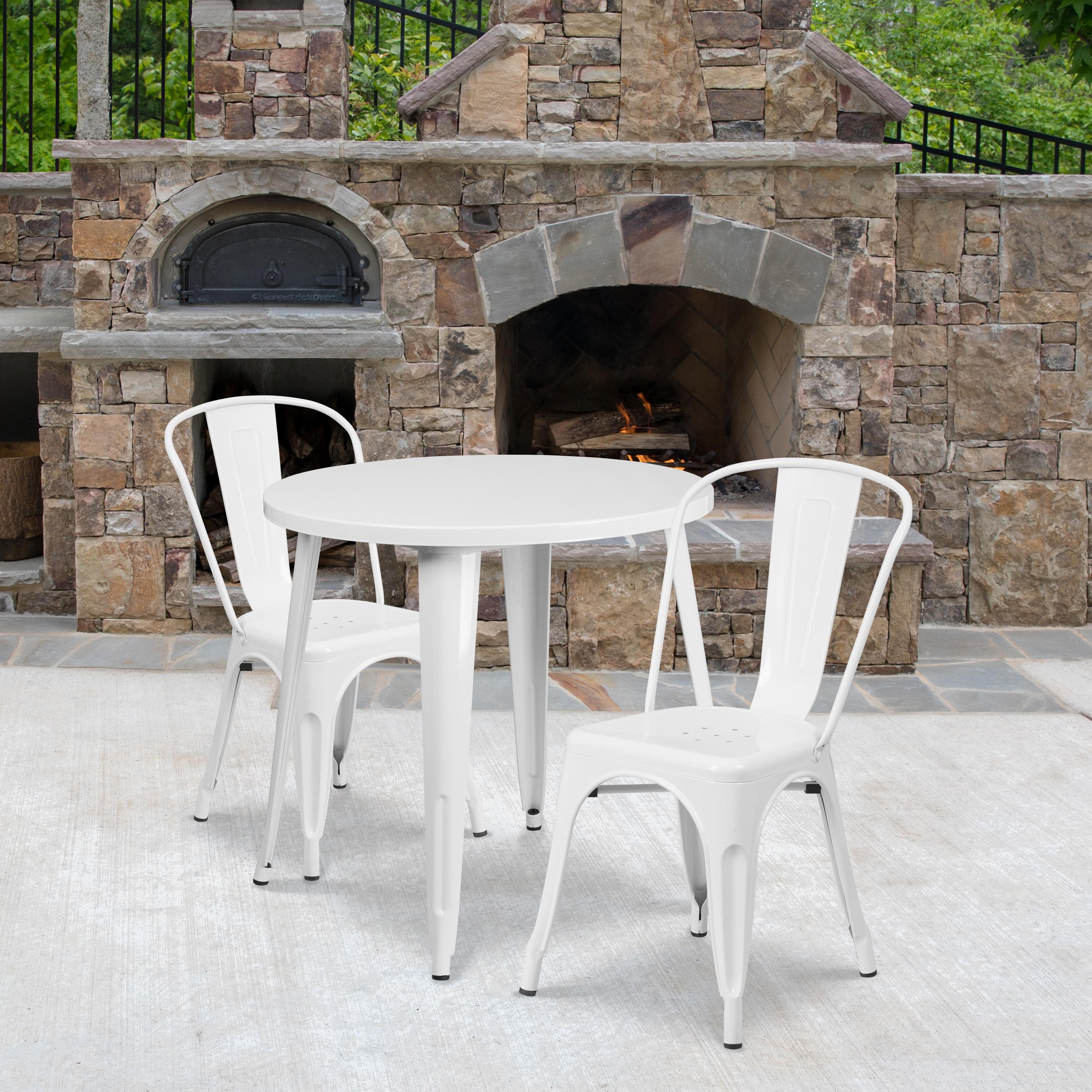 Flash Furniture Commercial Grade 30" Round White Metal Indoor-Outdoor Table Set with 2 Cafe Chairs