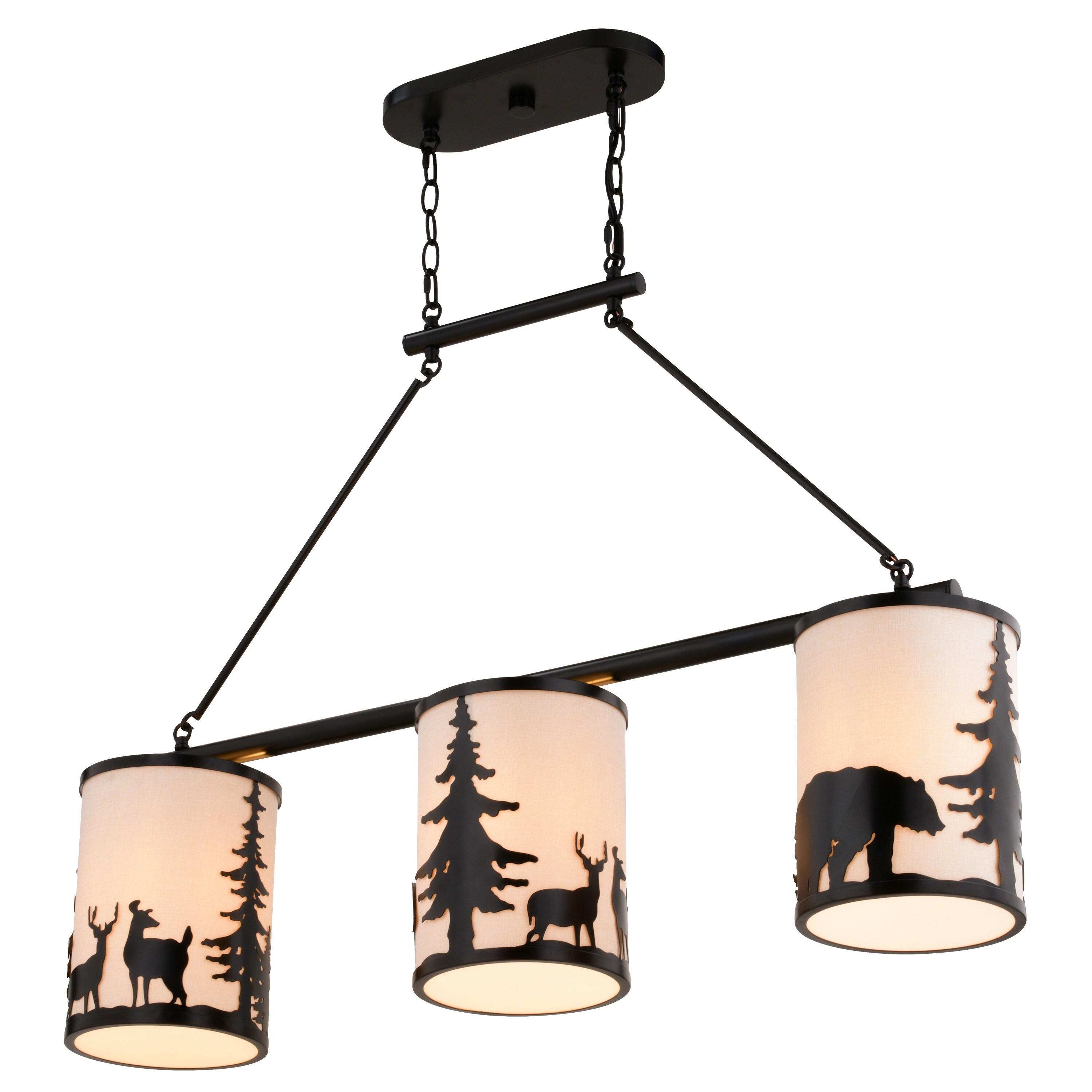 VAXCEL Acadia 3L Bronze Rustic Linear Chandelier Island Pendant Light Fixture Bear and Tree