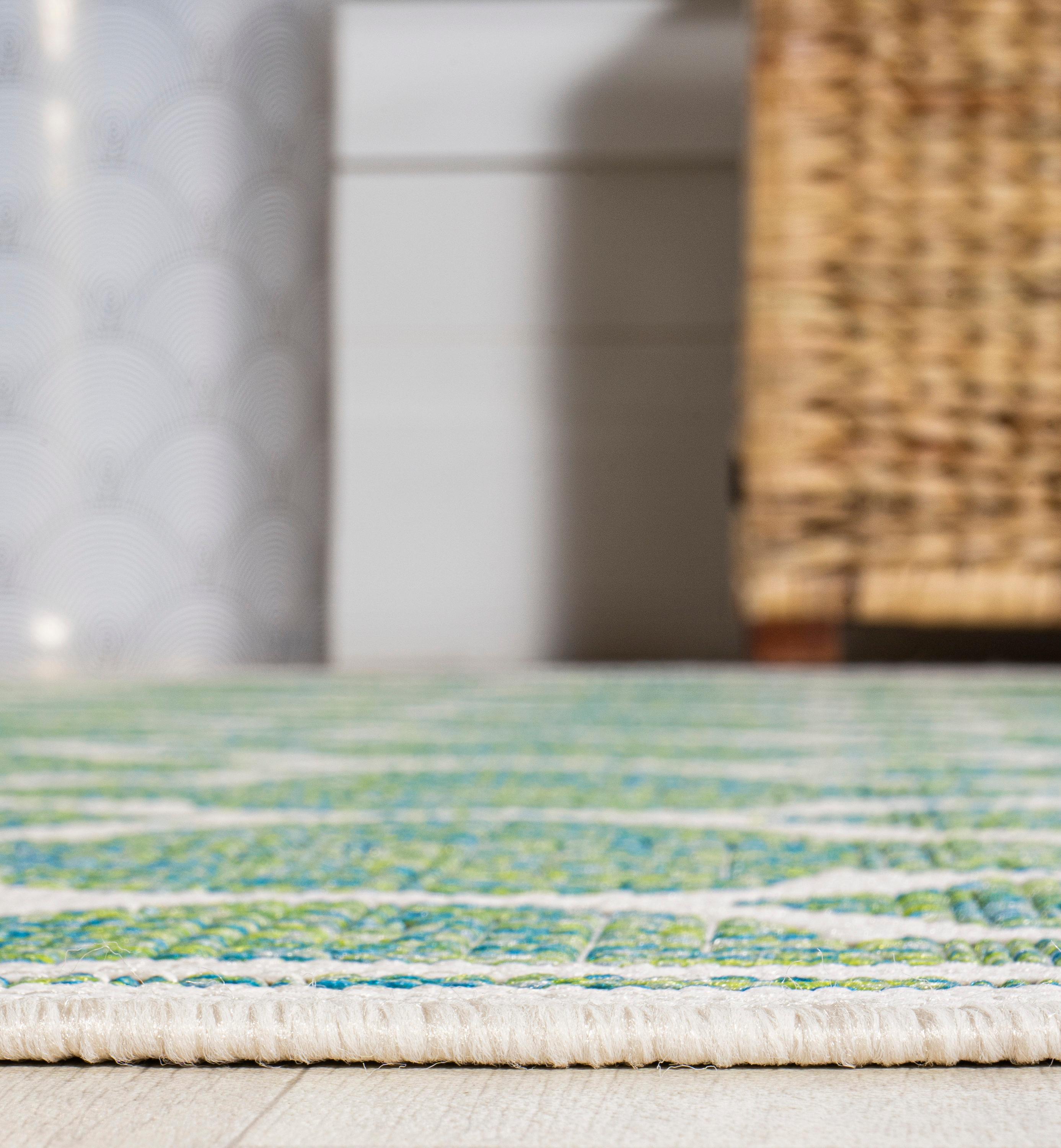 5' x 5' Trebol Moroccan Trellis Textured Weave Indoor/Outdoor Area Rug, Cream/Green - JONATHAN Y