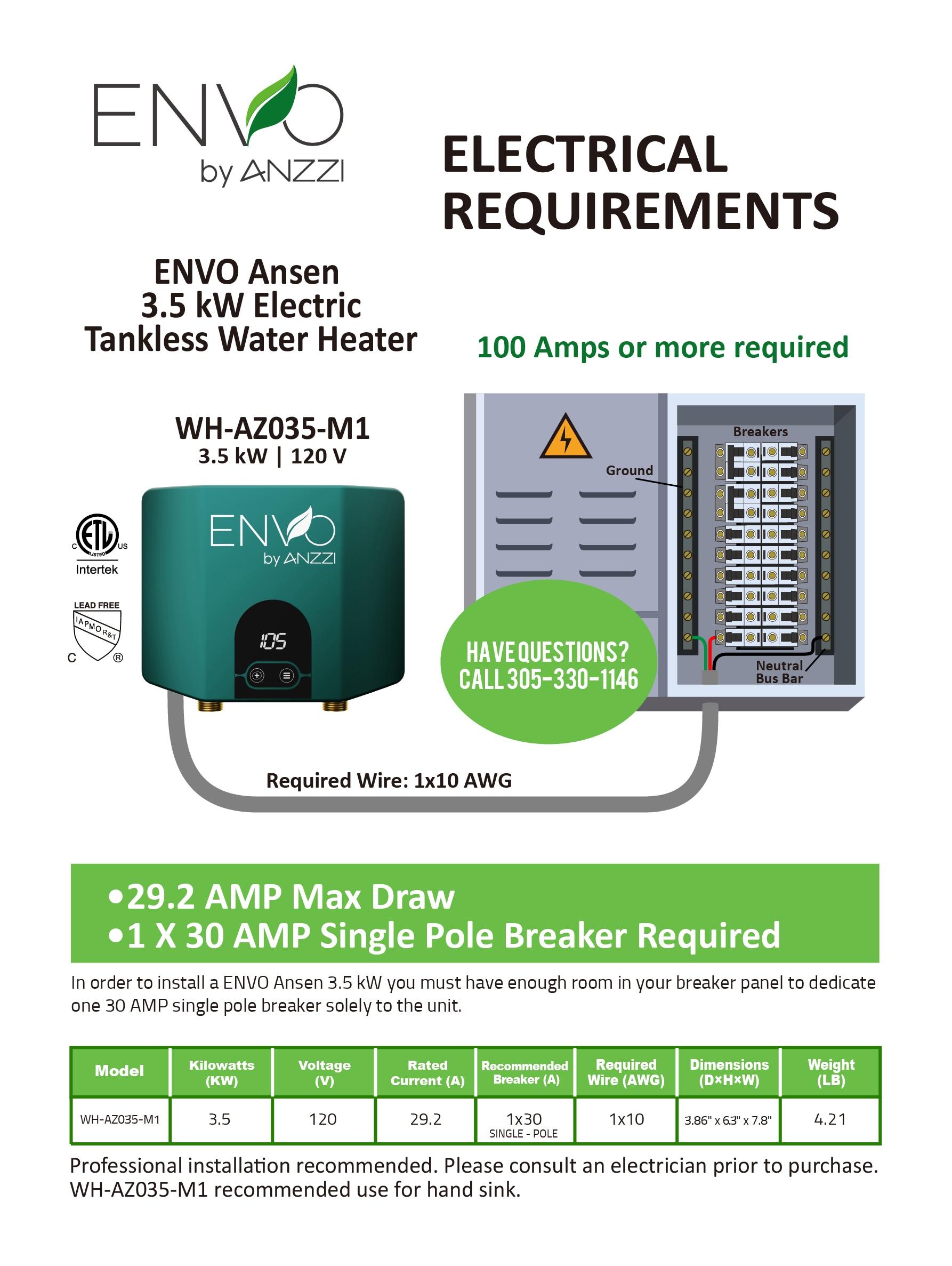Envo ANZZI 3.5 Kw Tankless Electric Water Heater - Single Point of Use
