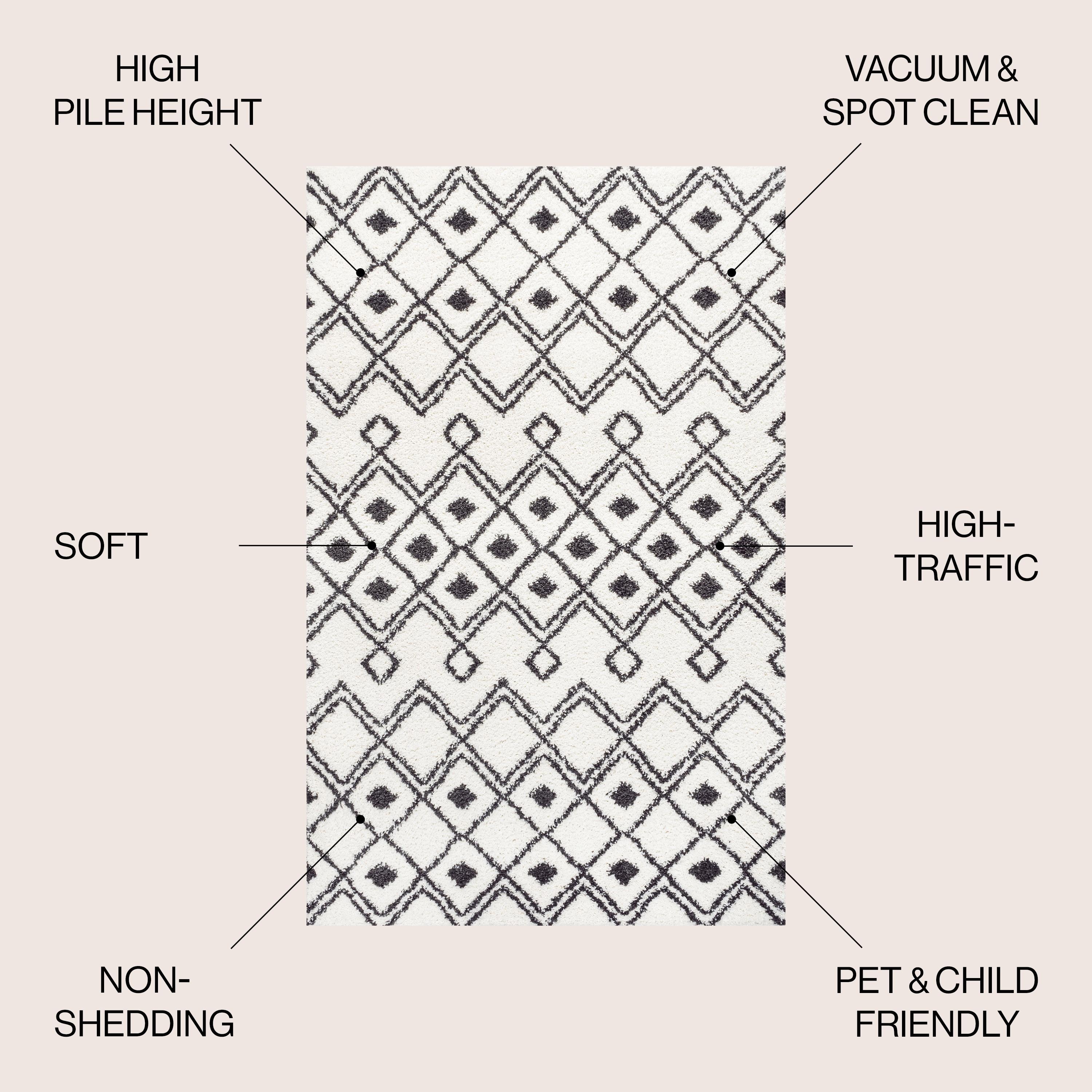 3'x5' Caimari Moroccan Diamond Shag Area Rug, White/Black - JONATHAN Y