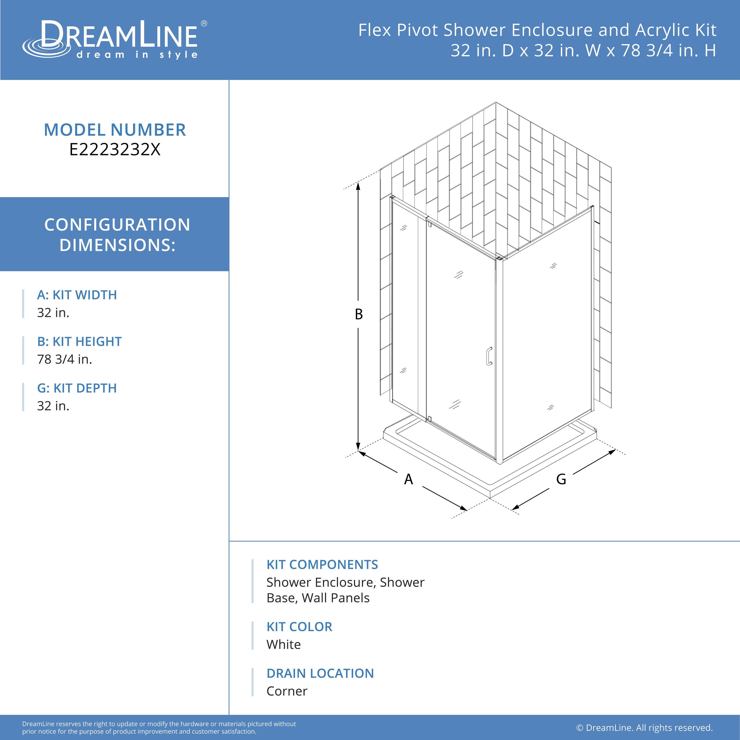 Flex 32" W x 32" D x 78" H Semi-Frameless Square Shower Enclosure with Fixed Panel and Base Included