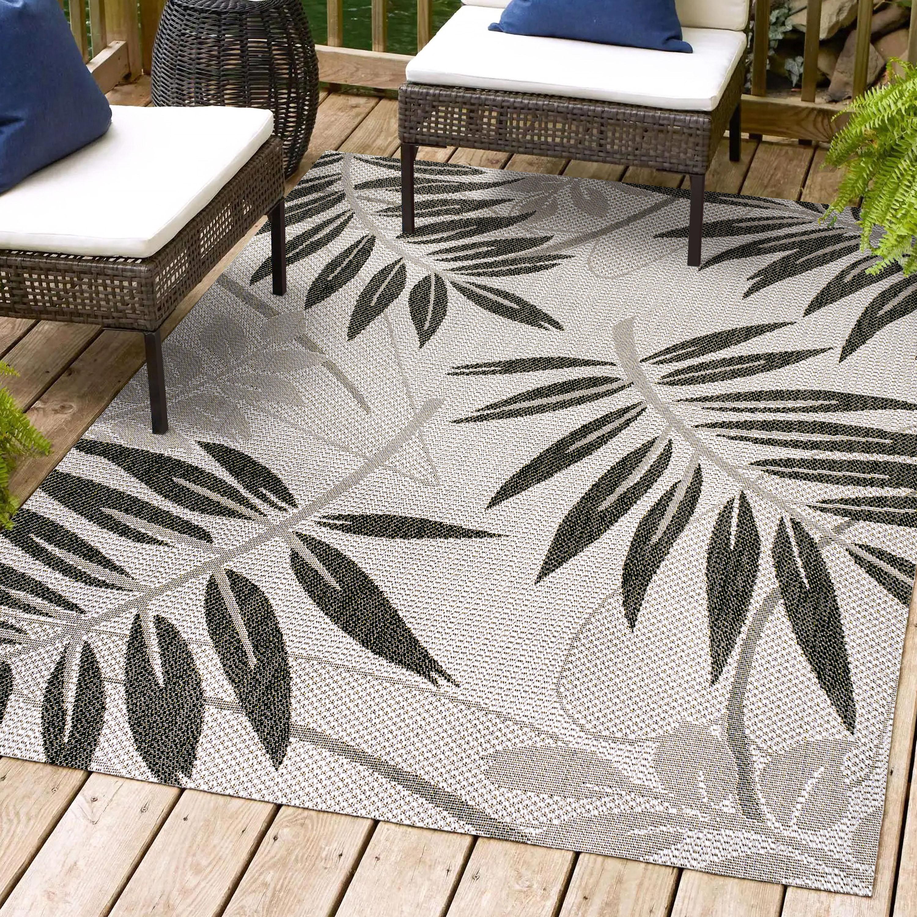8' x 10' Havana Tropical Palm Leaf Indoor/Outdoor Area Rug, Gray/Black - JONATHAN Y