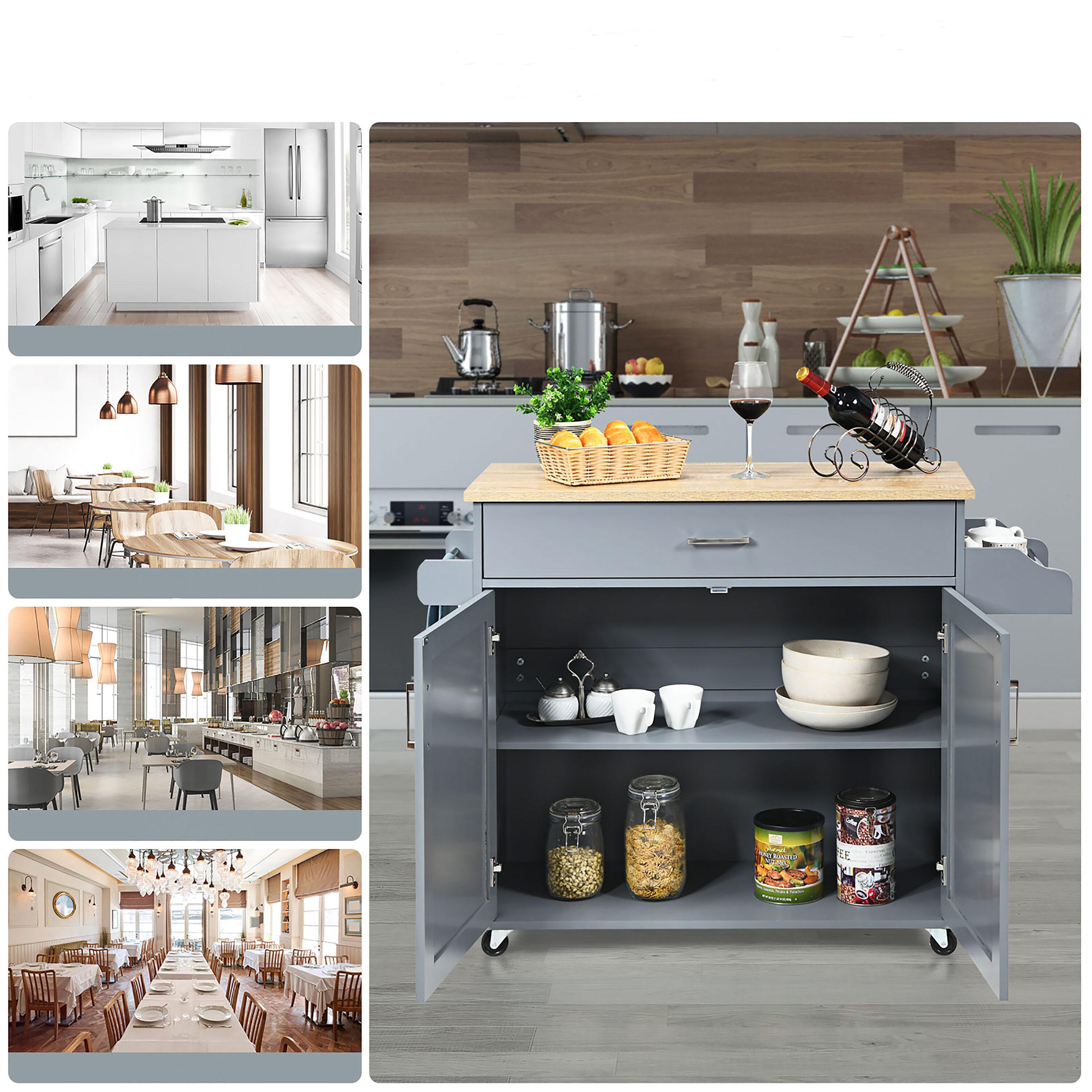 Costway Kitchen Island 44" Rolling Kitchen Cart with Drawer Adjustable Shelf Spice Rack Gray