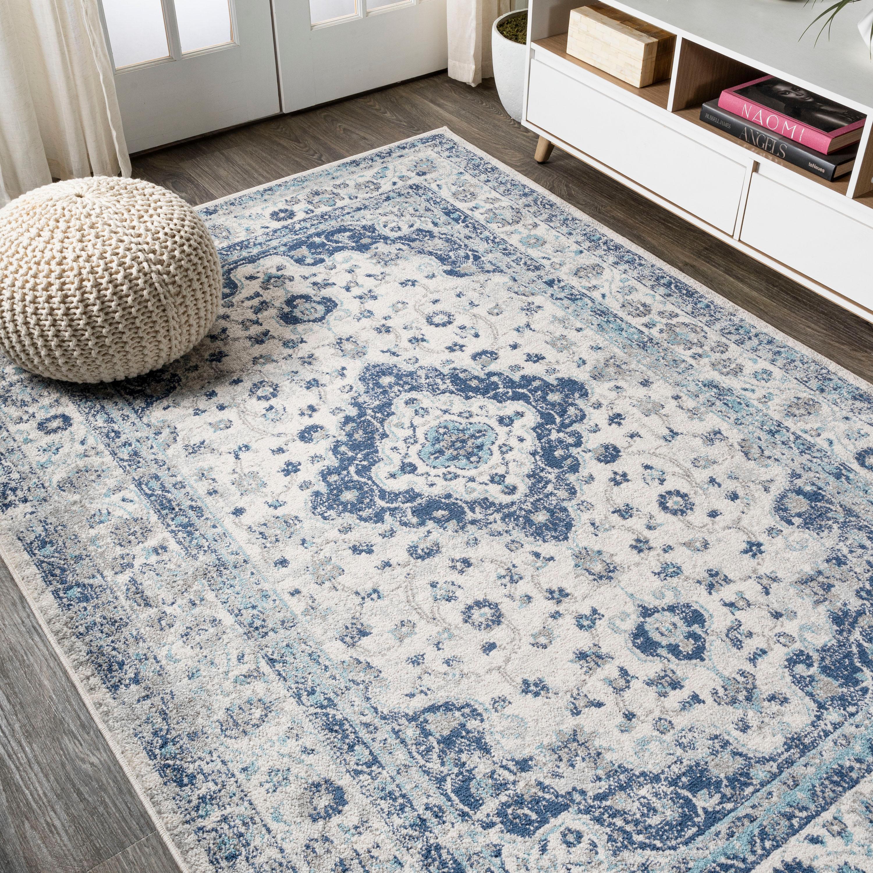 4'x 6' Indhira Ornate Medallion Persian Area Rug, Blue/Gray - JONATHAN Y