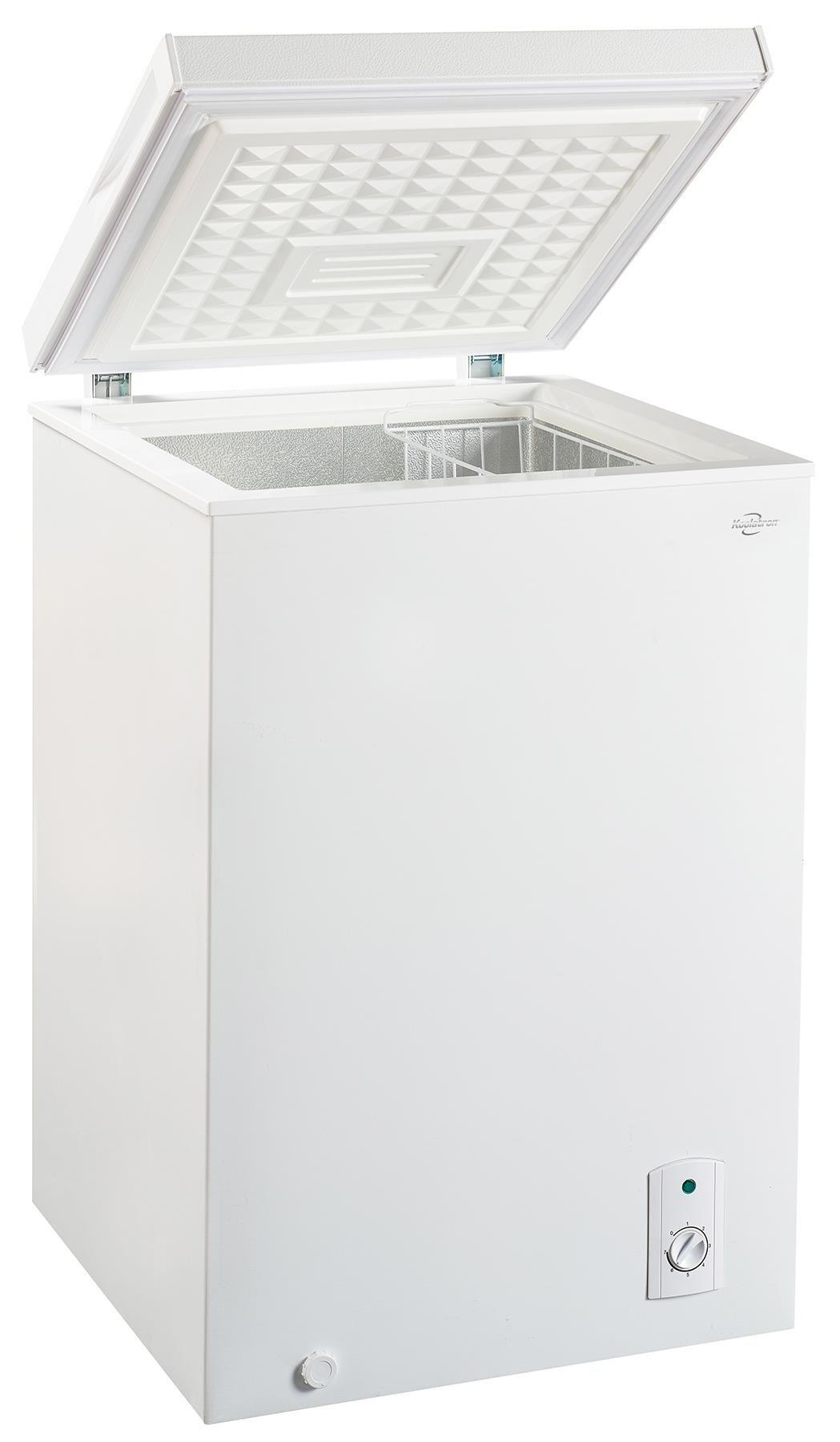 Koolatron 3.5 cu ft Compact Chest Freezer 99L White Manual Defrost Deep Freeze Storage Basket Space-Saving Flat Back