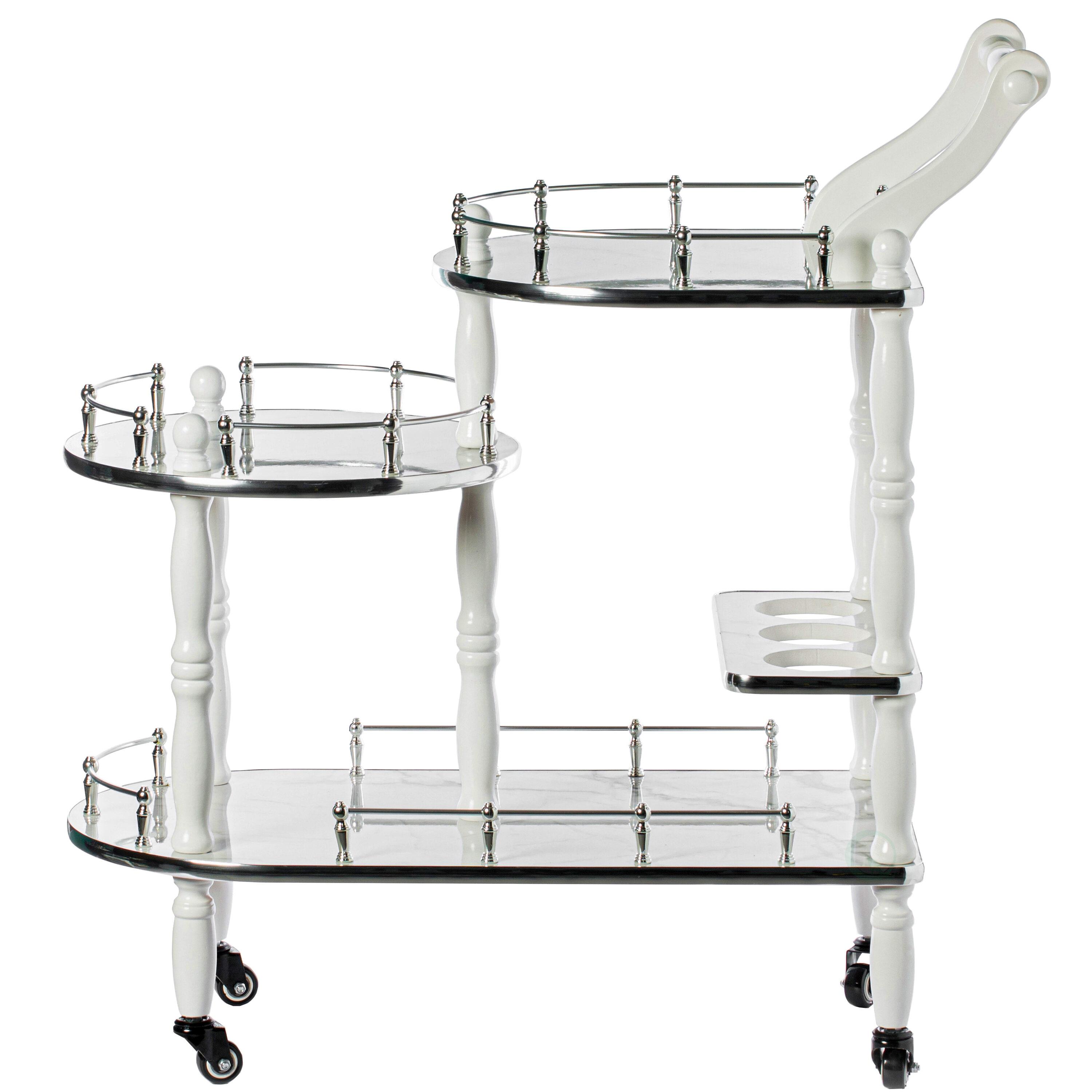 Fabulaxe Wood Serving Bar Cart Tea Trolley with 3 Tier Shelves and Rolling Wheels, Silver, White and Gray
