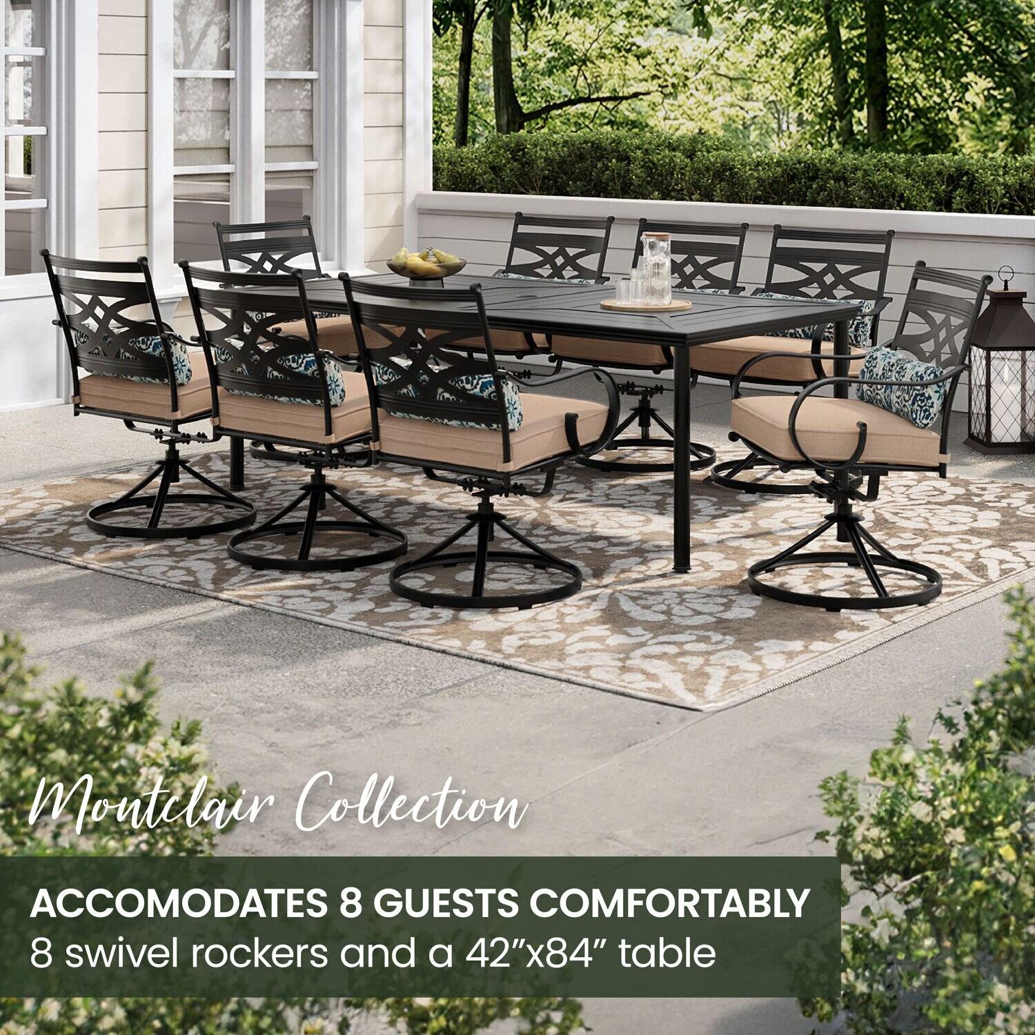 Hanover Montclair 9-Piece All-Weather Outdoor Patio Dining Set, 8 Swivel Rocker Chairs with Comfortable Seat and Lumbar Cushions, 84"x42" Stamped Rectangle Table, MCLRDN9PCSW8-TAN