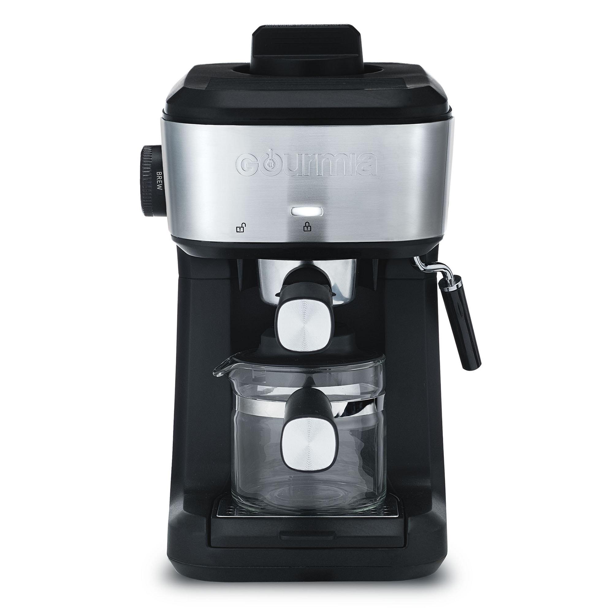 Gourmia 4-Shot Steam Espresso, Cappuccino, and Latte Maker with Frothing Wand: 1.5L Capacity, 1500W Electric