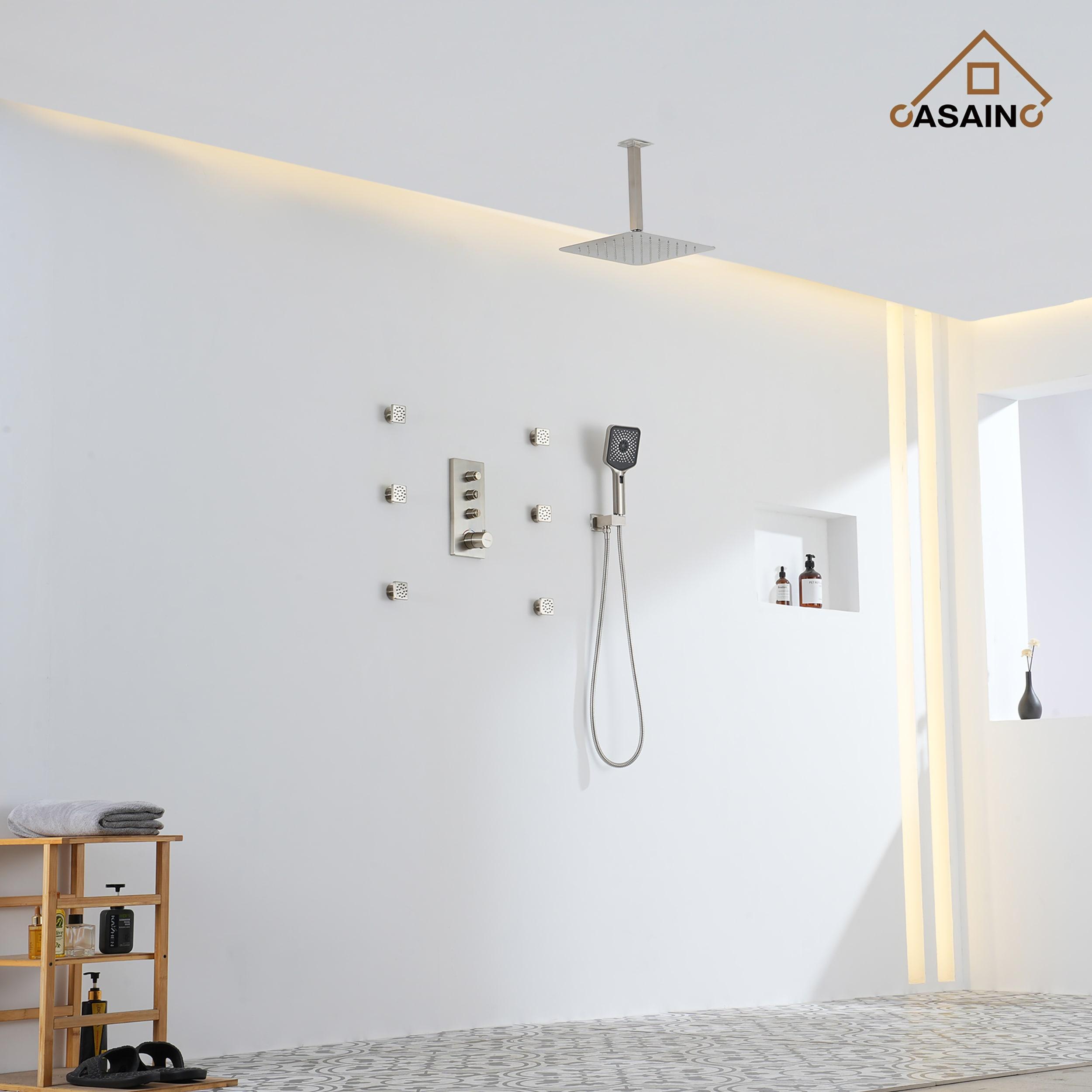 CASAINC 12'' Ceiling Mounted Square Shower System with Handheld Sprayer & 6 Body Jets, Brushed Nickel