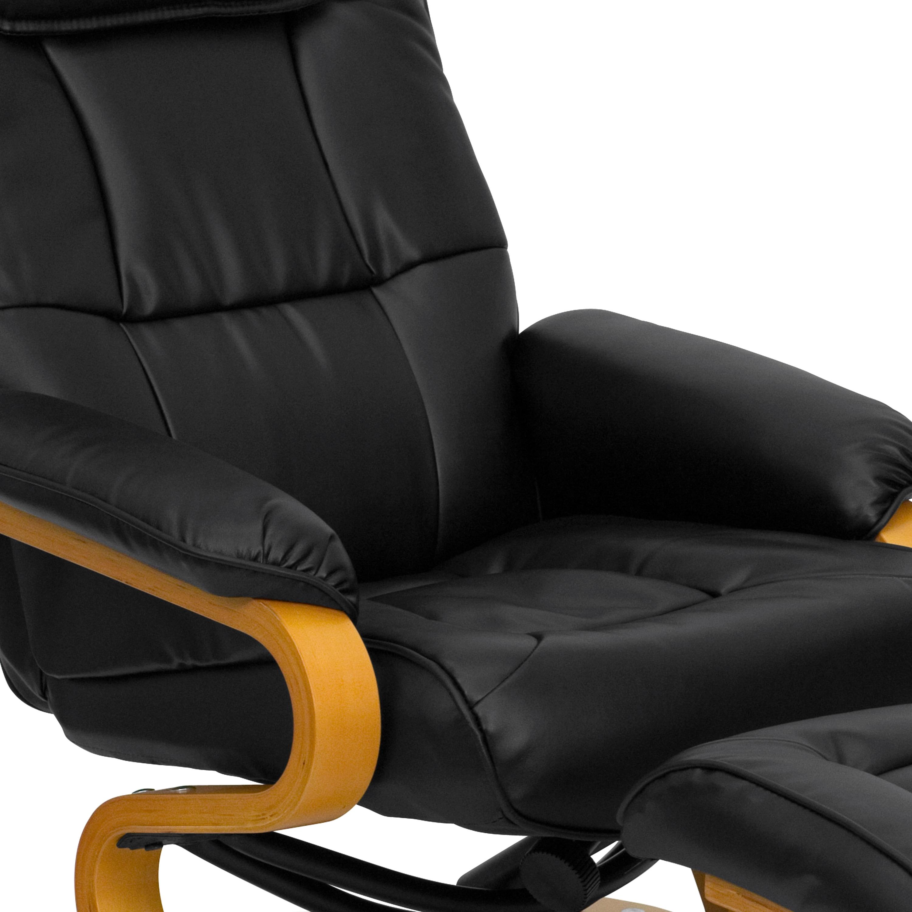 Flash Furniture Davies Contemporary Adjustable Recliner and Ottoman with Swivel Maple Wood Base in Black LeatherSoft