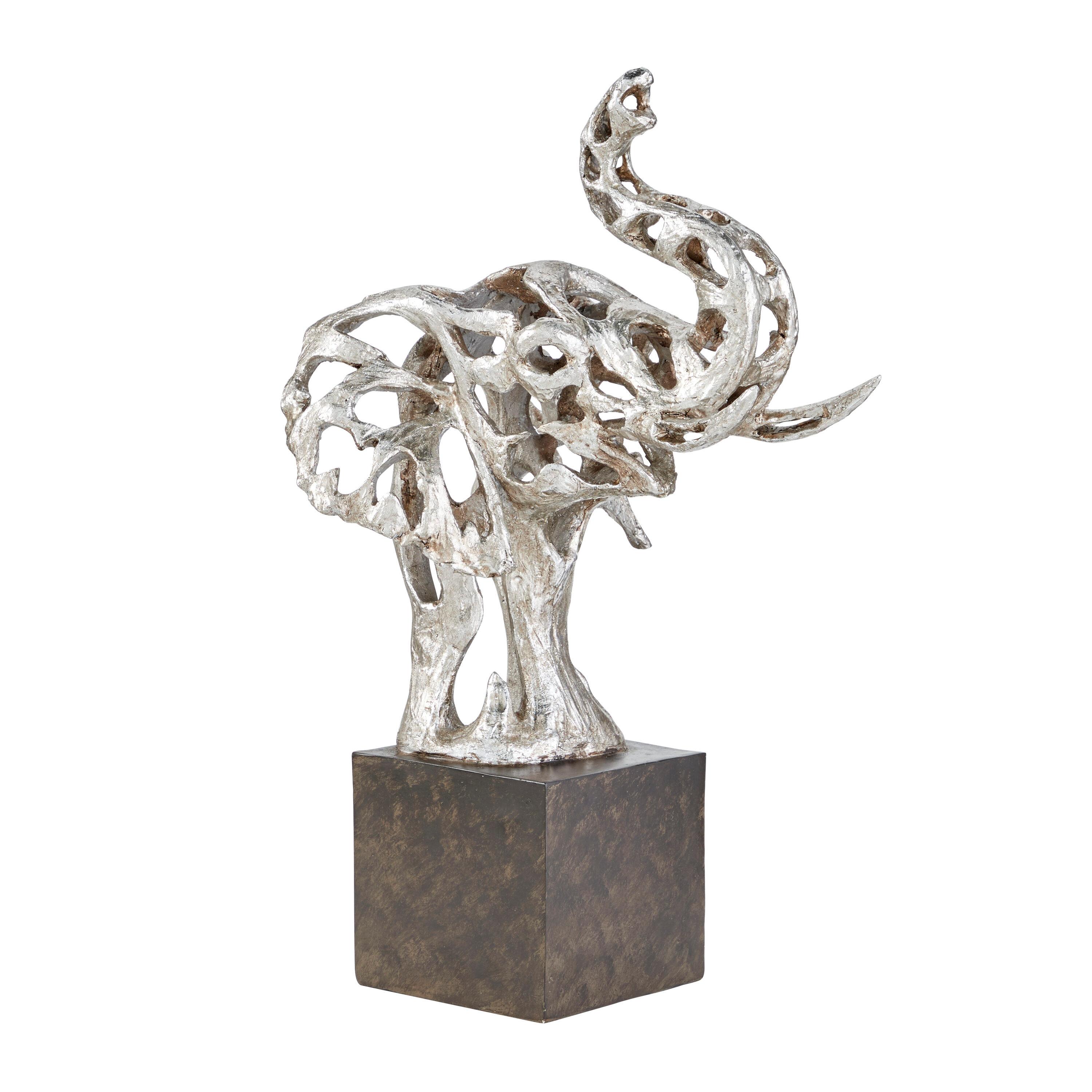 DecMode 15"W, 25"H Polystone Eclectic Elephant Sculpture, Silver