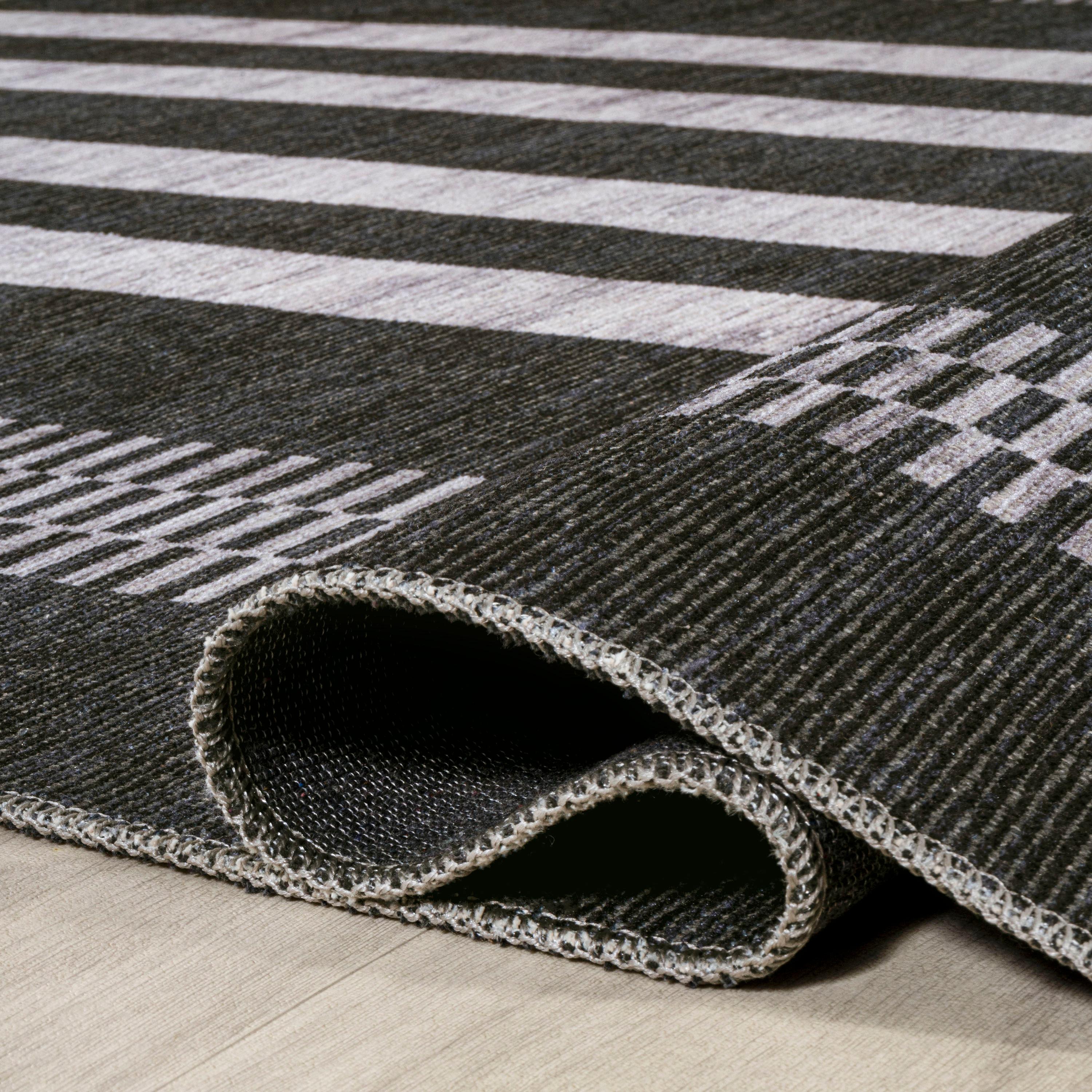 5' x 8' Vichy Geometric Striped Machine-Washable Area Rug, Black/Ivory - JONATHAN Y