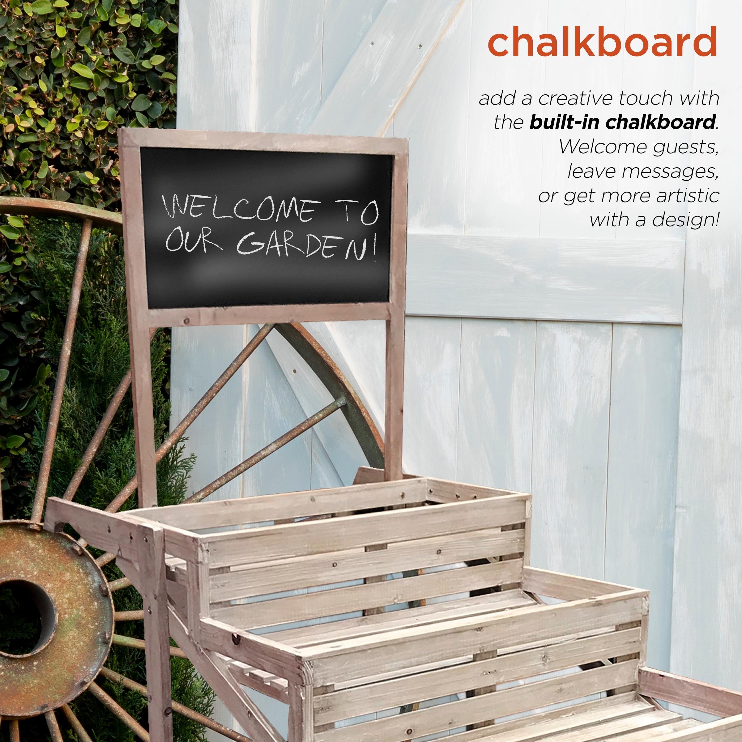 59" Tall Rustic Fir Wood Cart Plant Stand with Chalkboard