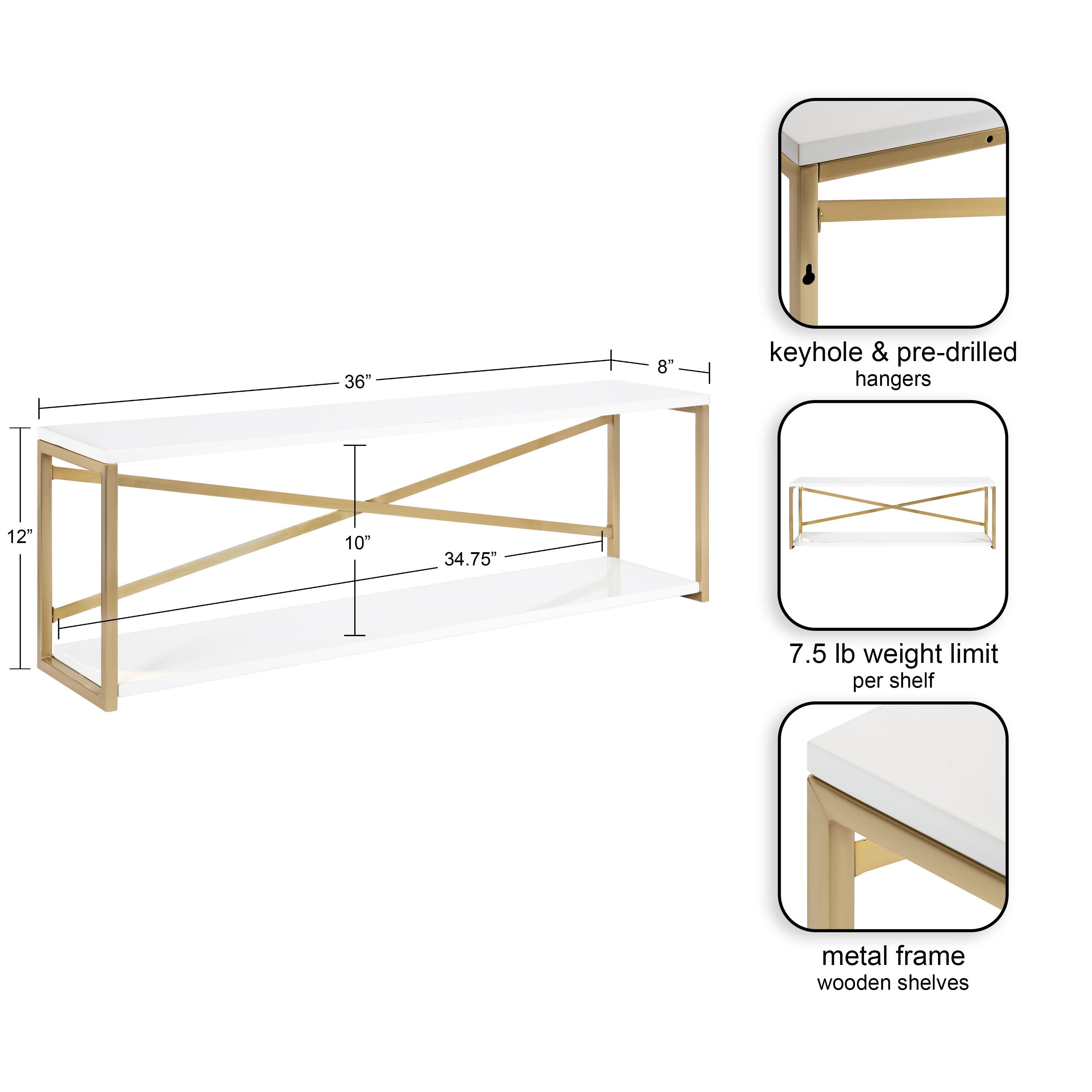 Kate & Laurel All Things Decor 36"x12"x8" Ascott 2-Tier Wall Shelf White - Modern Glam Decor, Keyhole Hangers