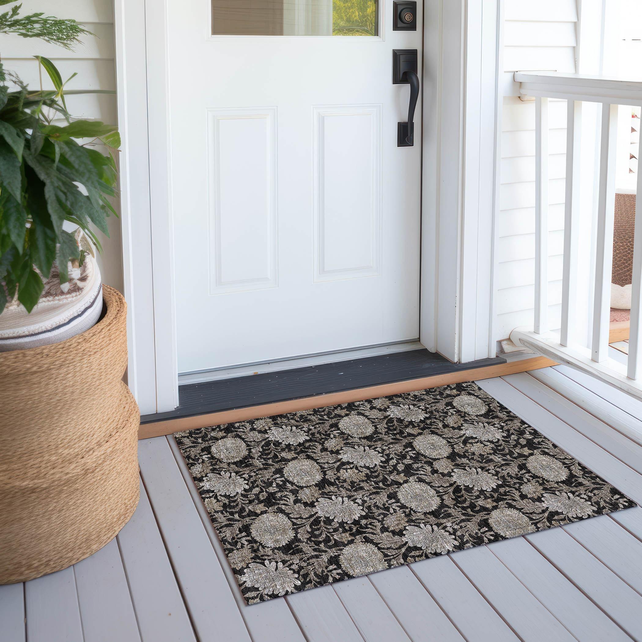 Addison Rugs Machine Washable Indoor/ Outdoor Chantille Floral Rug Black - 1'8" x 2'6"