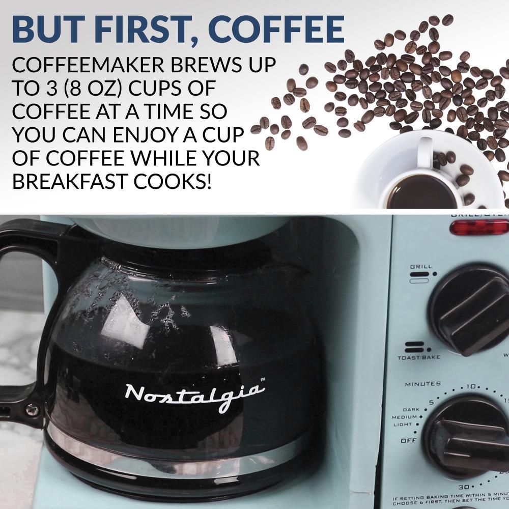 Nostalgia Retro 3-in-1 Family Size Electric Breakfast Station, Coffeemaker, Griddle, Toaster Oven, Aqua