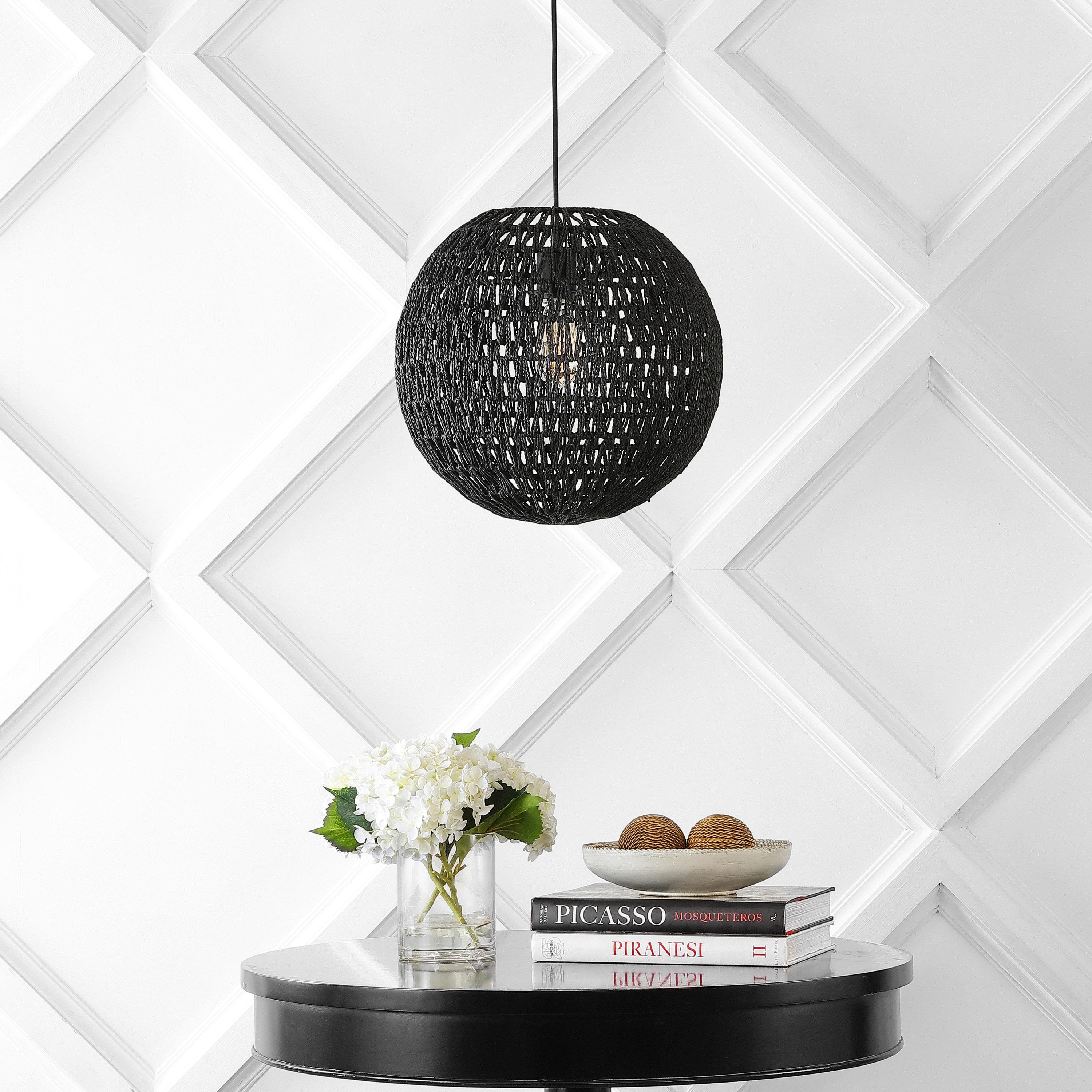 Luna 15.75" 1-Light Bohemian Modern Woven Rattan/Iron LED Pendant, Black