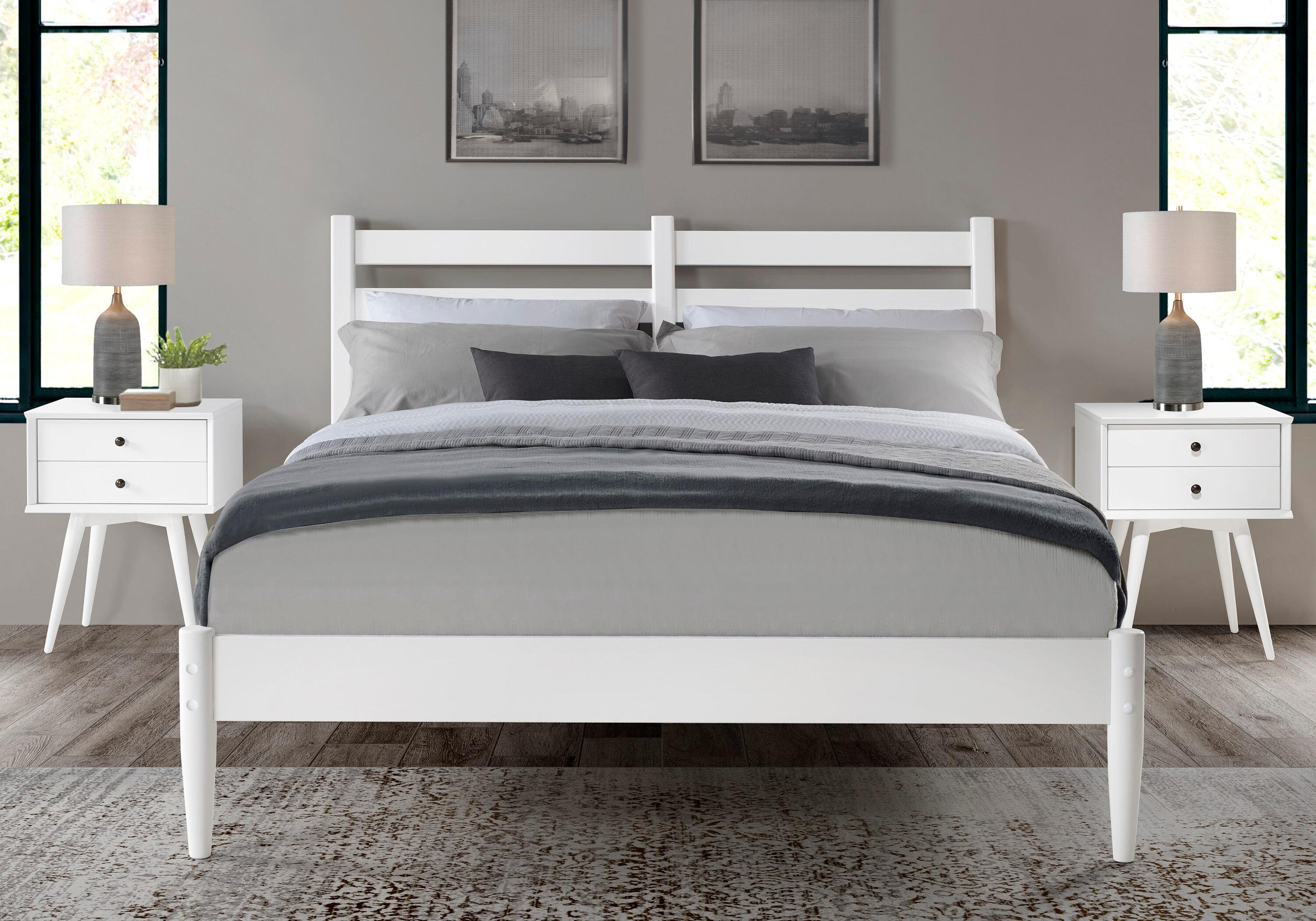 Camaflexi Mid Century Slat Bed Solid Wood Bed Frame with Headboard, King, White