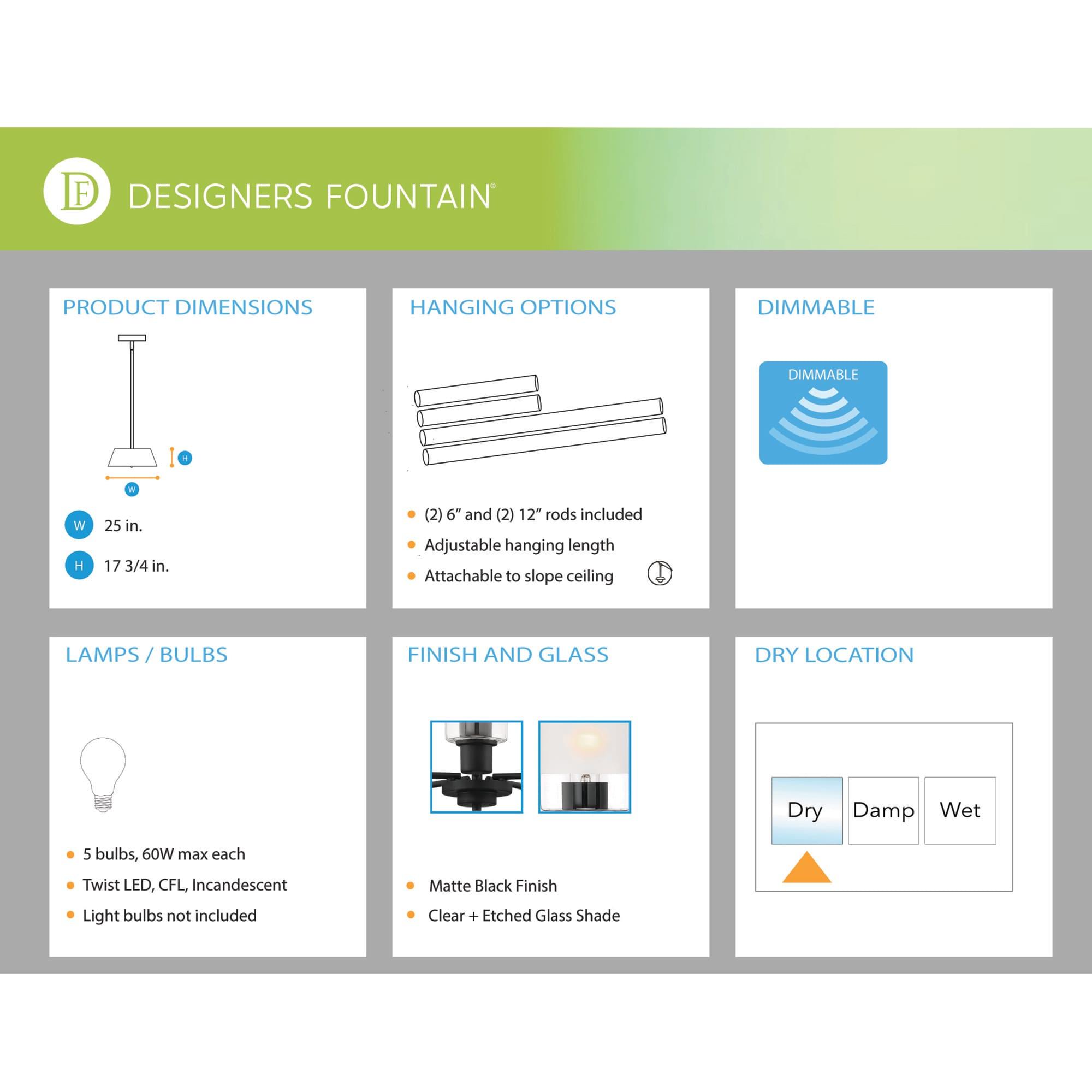 Designers Fountain Cedar Lane 5 Light Matte Black Chandelier, D236M-5CH-MB