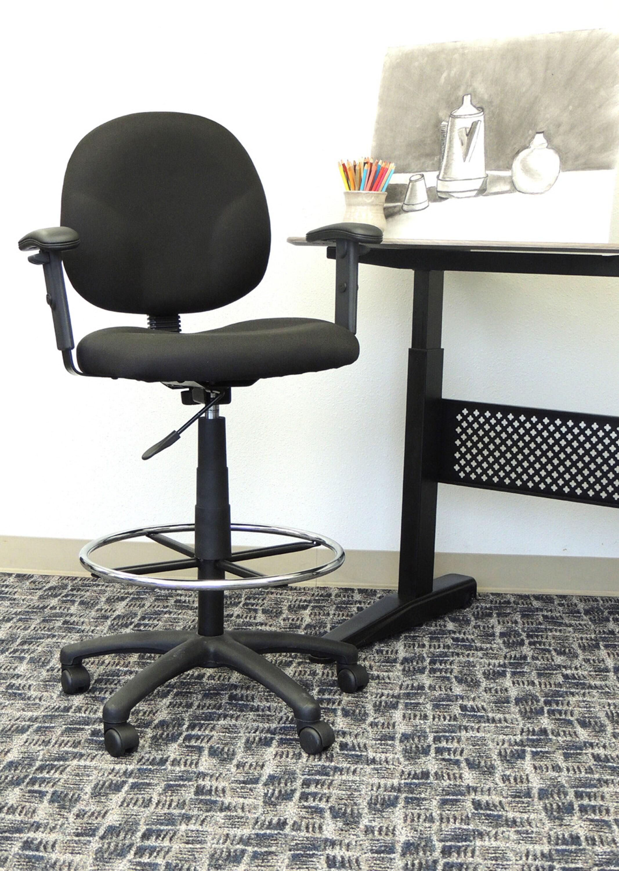 Drafting Stools with Adjustable Arms Black - Boss Office Products: Pneumatic Lift, 275lb Capacity, Nylon Base