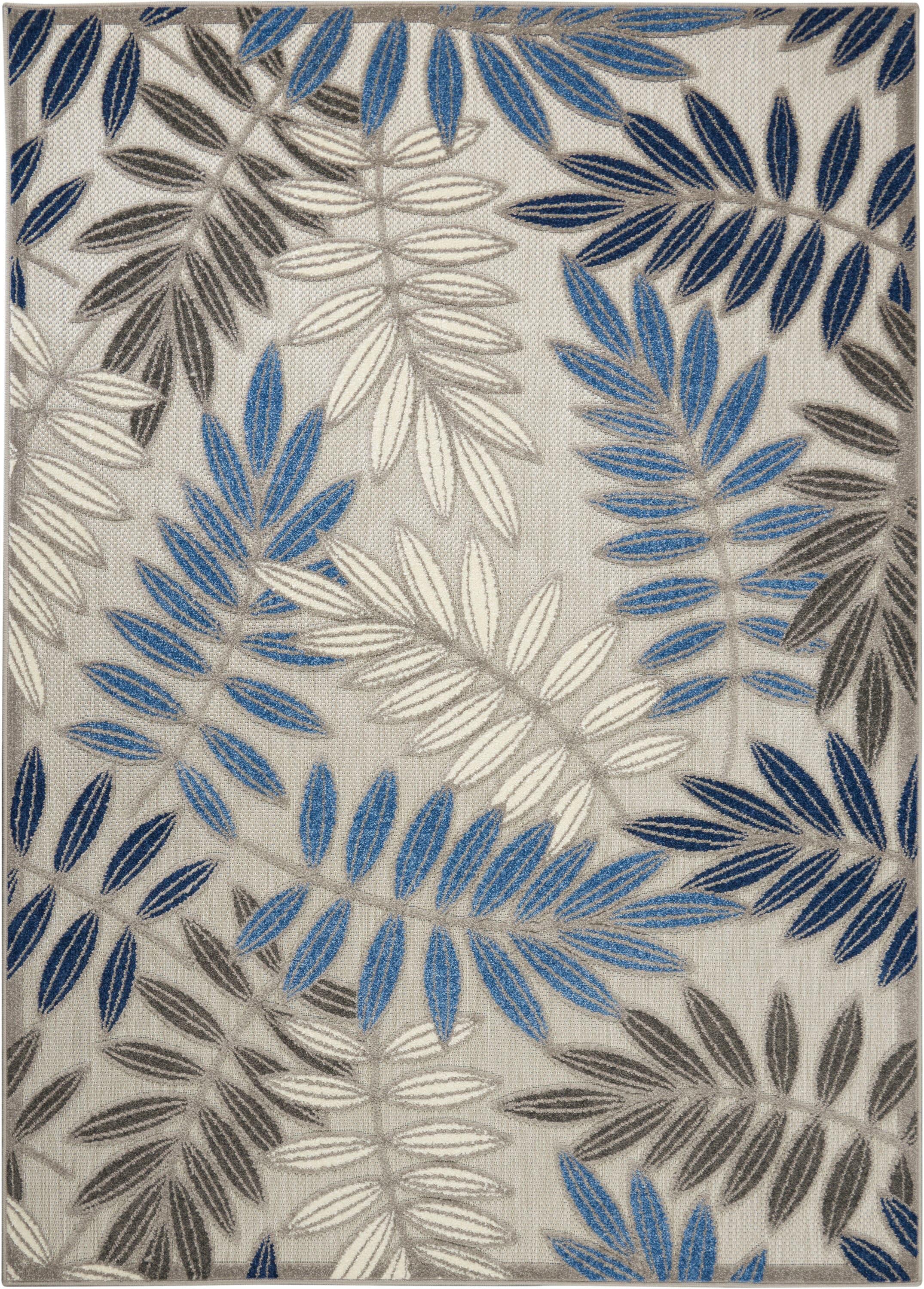 Nourison Aloha Floral Leaf Flatweave High-Low Indoor Outdoor Area Rug Grey/Blue 3'6" x 5'6"