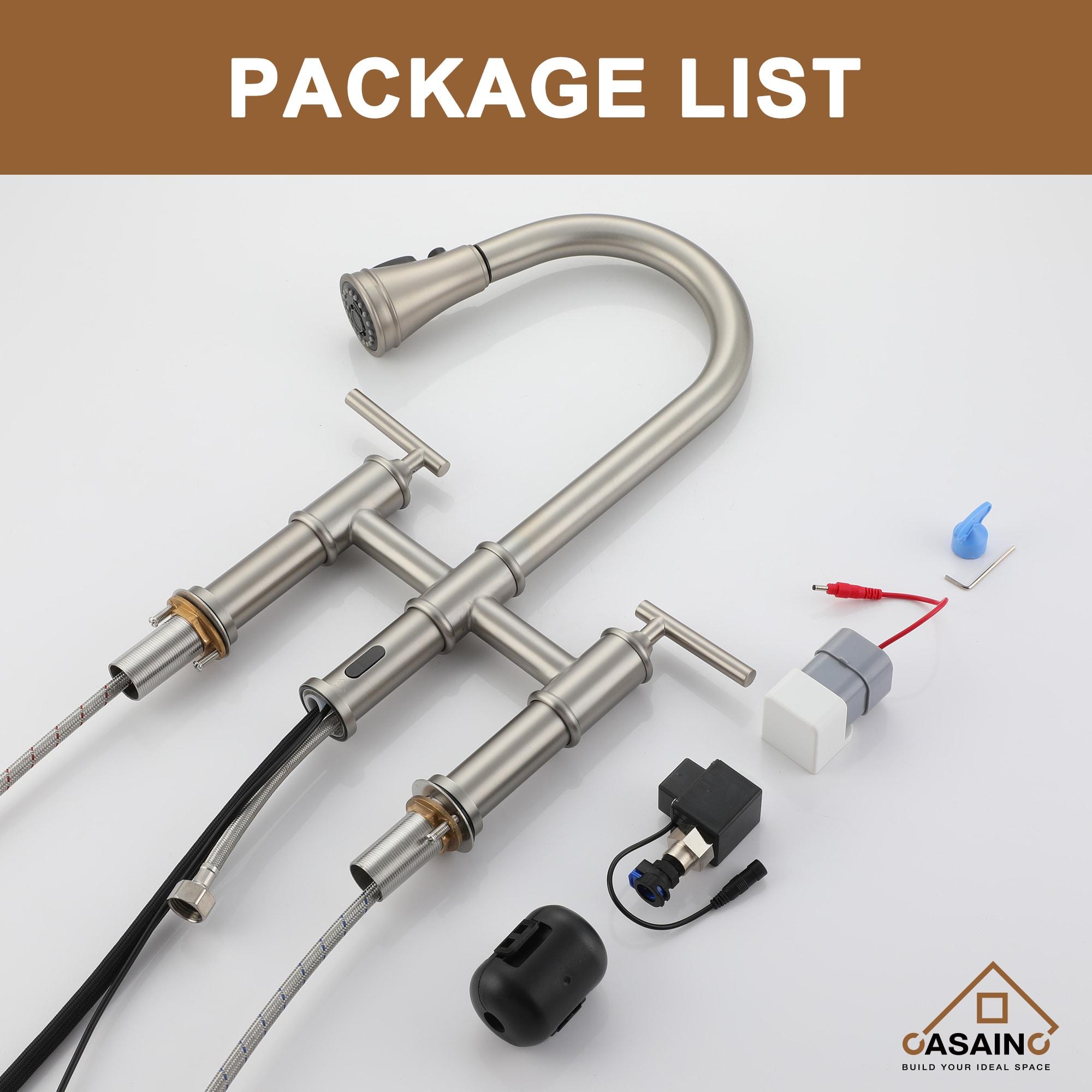 Double Handle Pull-Out Sprayer Bridge Kitchen Faucet with Infrared Sensor in Brushed Nickel