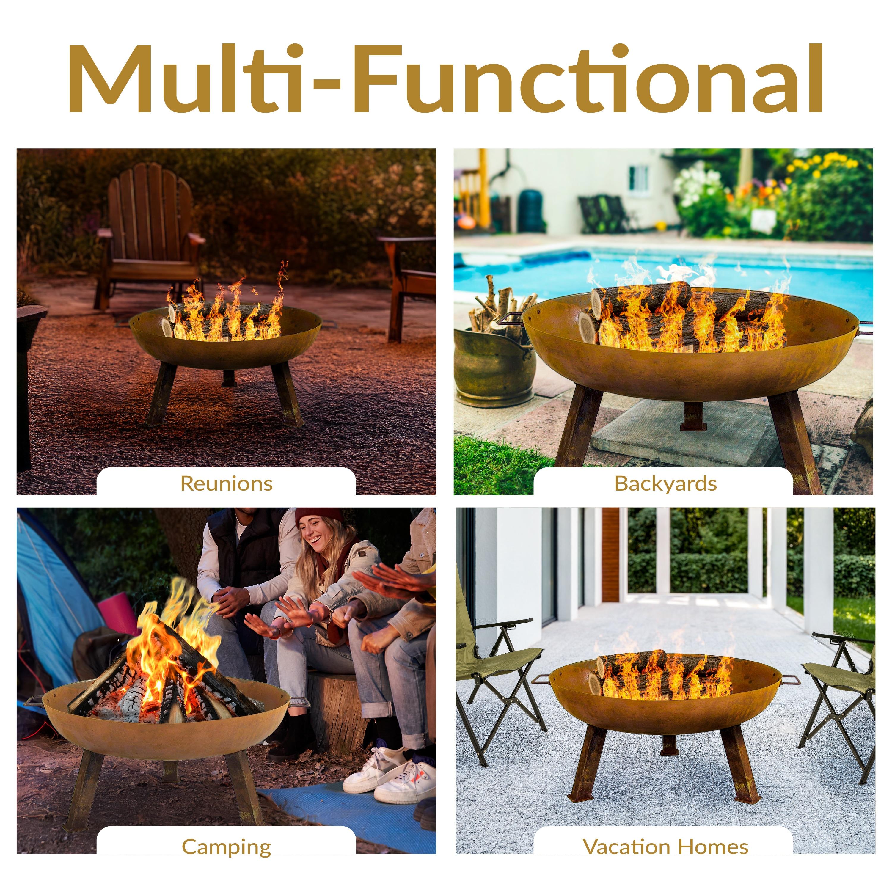 SunnyDaze Decor Union Round Wood-Burning Steel Finish Cast Iron Outdoor Raised Fire Pit Bowl