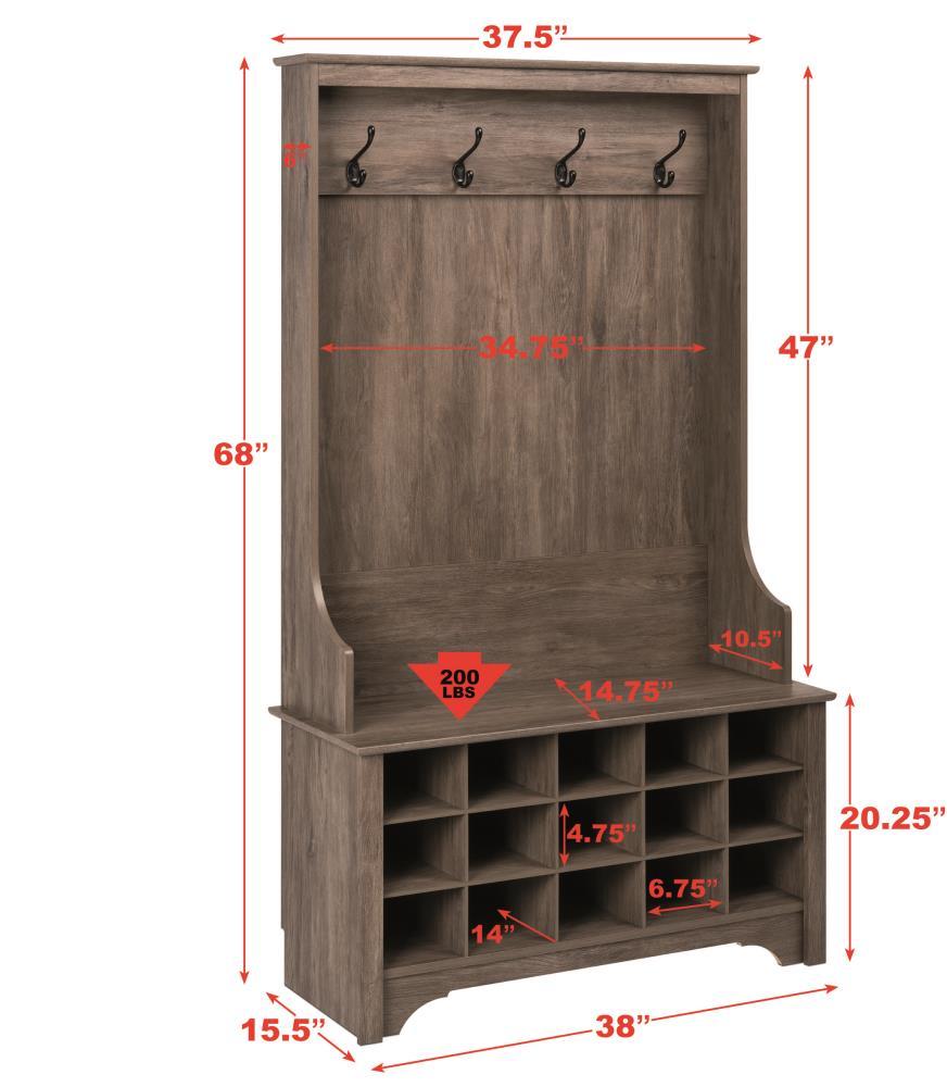 Prepac Hall Tree with Shoe Storage Drifted Gray : Entryway Organizer, Mudroom Bench, 4 Hooks, 15 Cubbies