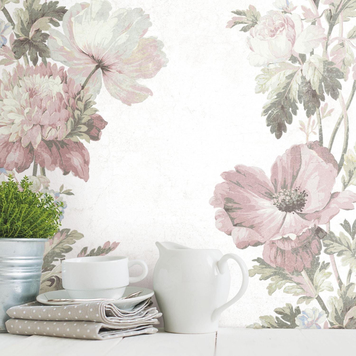 RoomMates Vintage Floral Stripe Peel and Stick Wallpaper Pink: Self-Adhesive Vinyl, Botanical Pattern, 28.3 Sq Ft Coverage