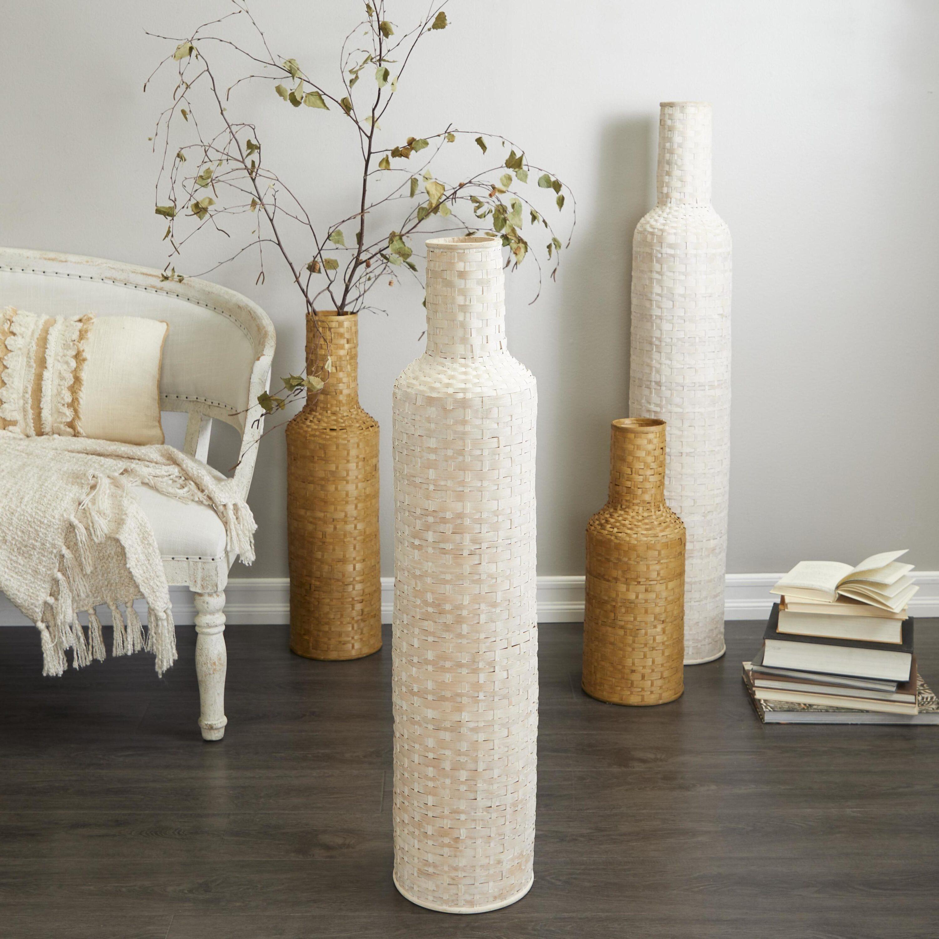 Studio 350 Intricately Woven Tall Bamboo Wood Floor Vase  - White or Brown White - 9"W, 39"H
