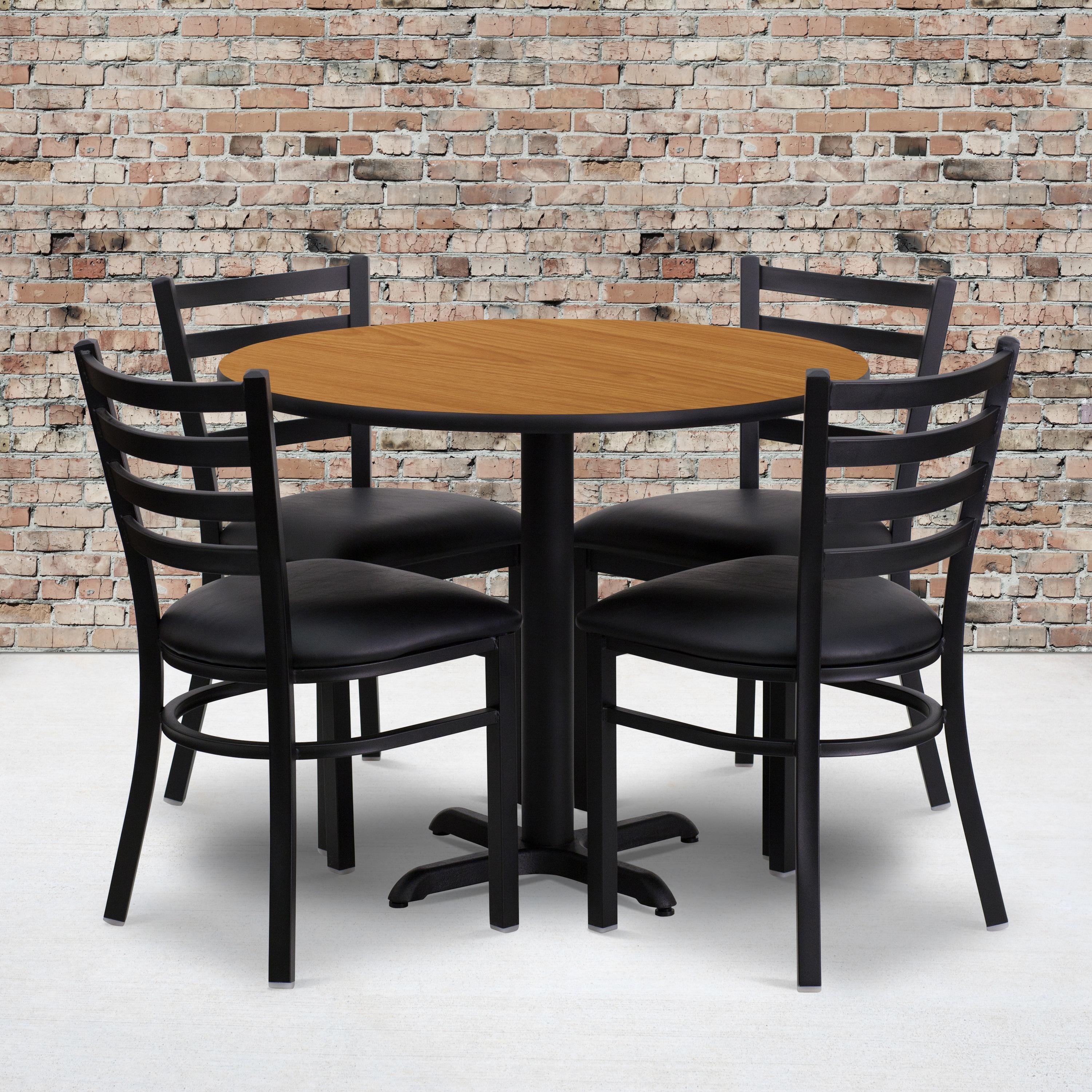 Flash Furniture 36'' Round Natural Laminate Table Set with X-Base and 4 Ladder Back Metal Chairs - Black Vinyl Seat
