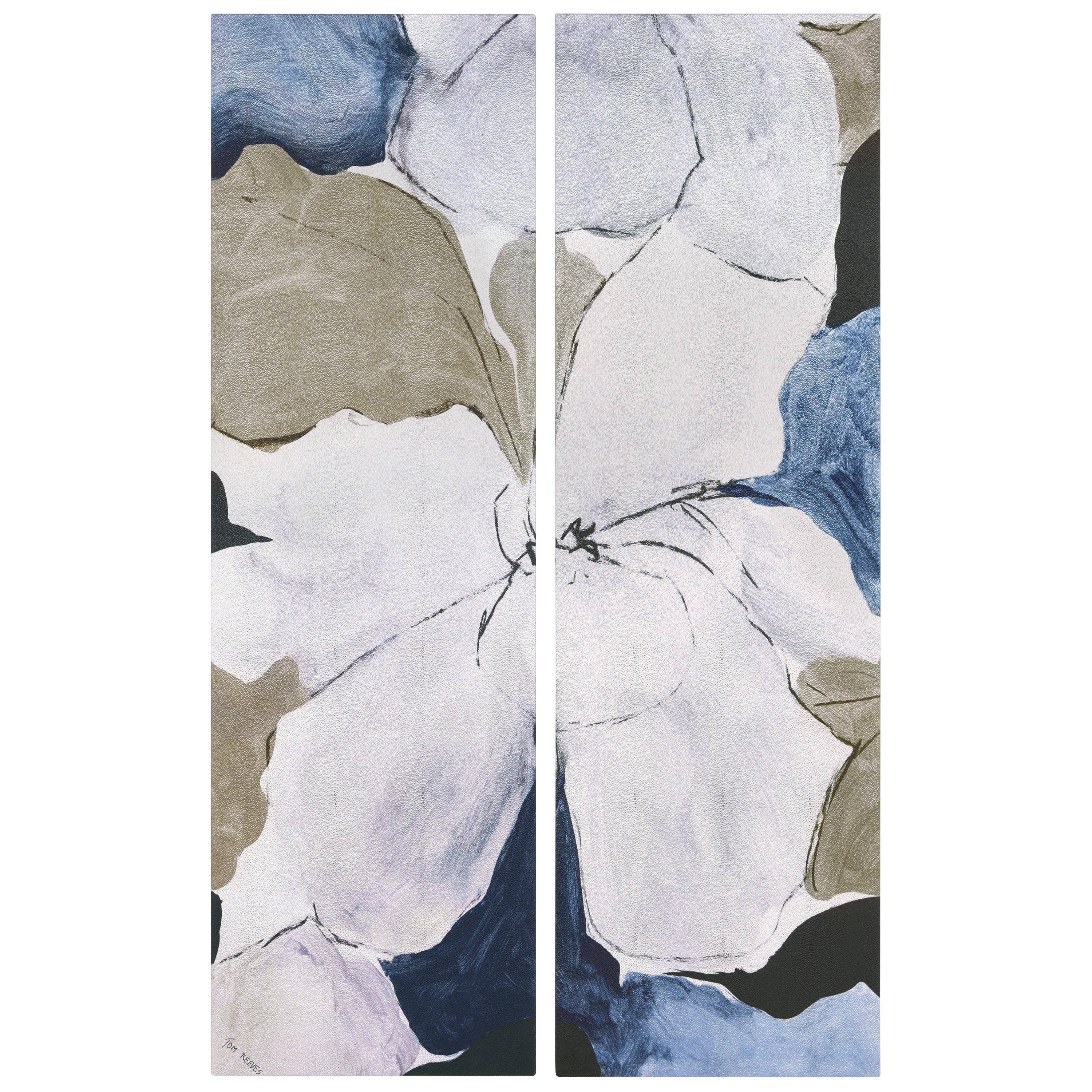 "Floral Serenity I & II", Flower Abstract Artwork on Silver Shagreen Wrapped Canvas Wall Art Set