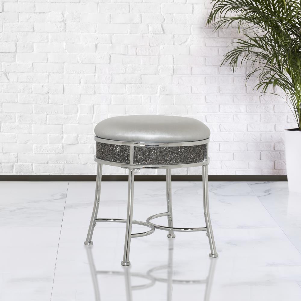 Hillsdale Roma Diamond Glam Fabric Upholstered Backless Vanity Stool in Chrome