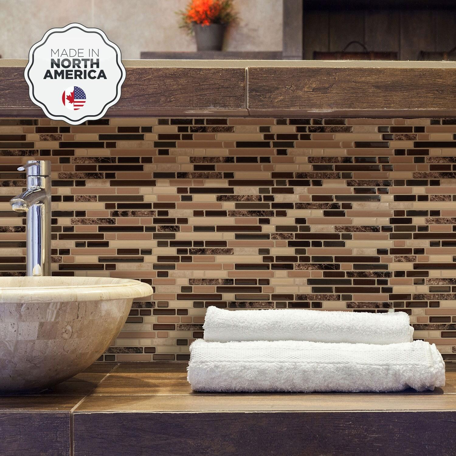 Smart Tiles 10.06''x10'' Self Adhesive 3D Peel and Stick Backsplash Tiles Brown: Vinyl Kitchen Decor Stick On Backsplash