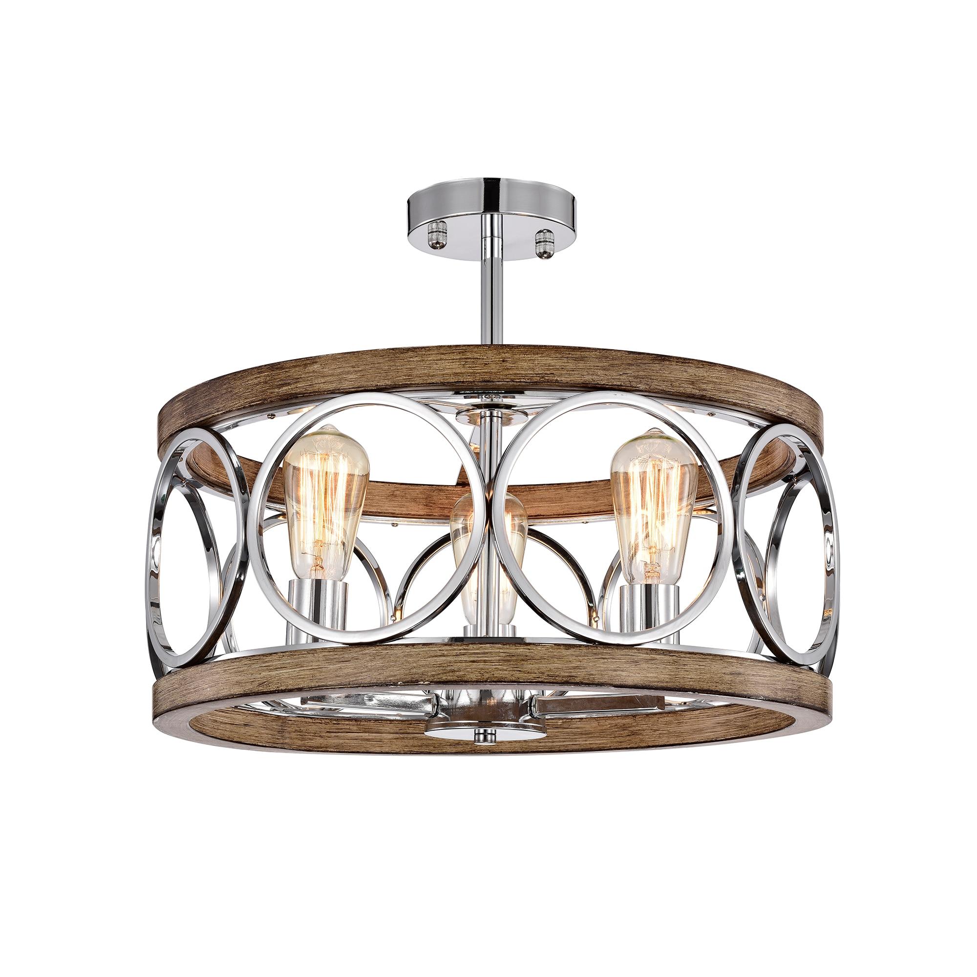 17.72" Chrome and Faux-Woodgrain Drum Semi-Flush Mount Light