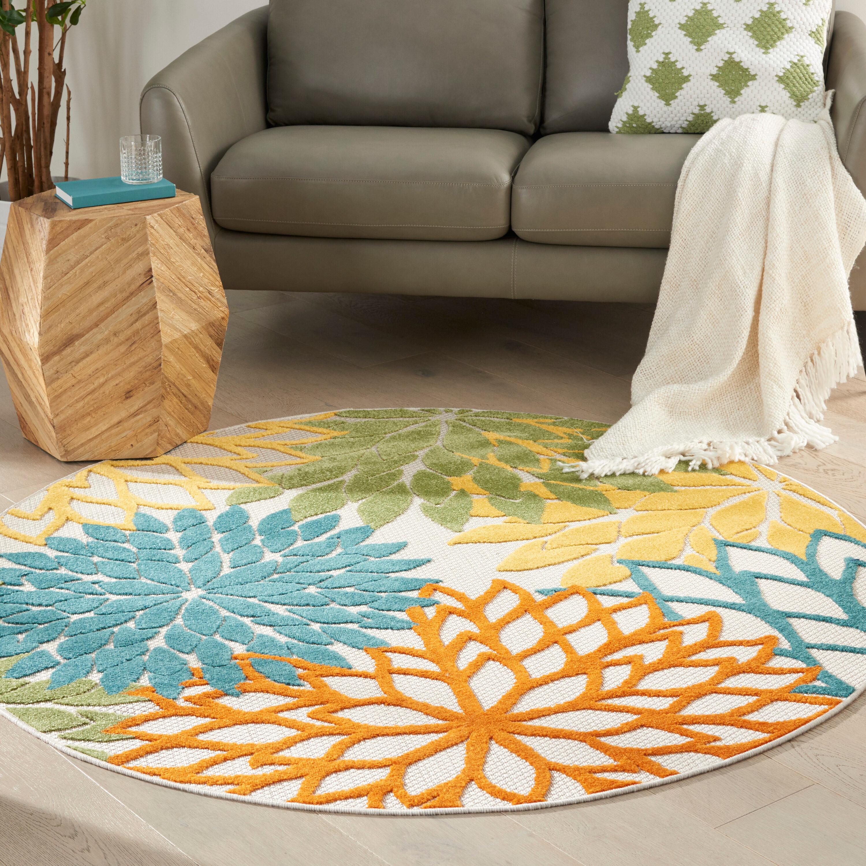 Nourison Aloha Floral Bloom Flatweave High-Low Indoor Outdoor Round Rug Turquoise Multicolor 4' x 4'