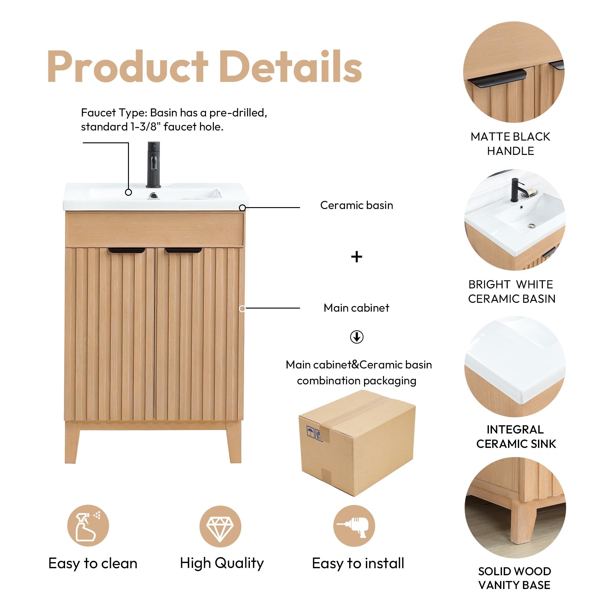 Palos 24" Single Bath Vanity in Fir Wood Brown with Drop-In White Ceramic Basin