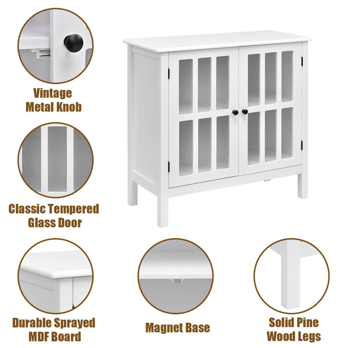 Costway 31'' Storage Buffet Cabinet Glass Door Sideboard Console Table Server Display White