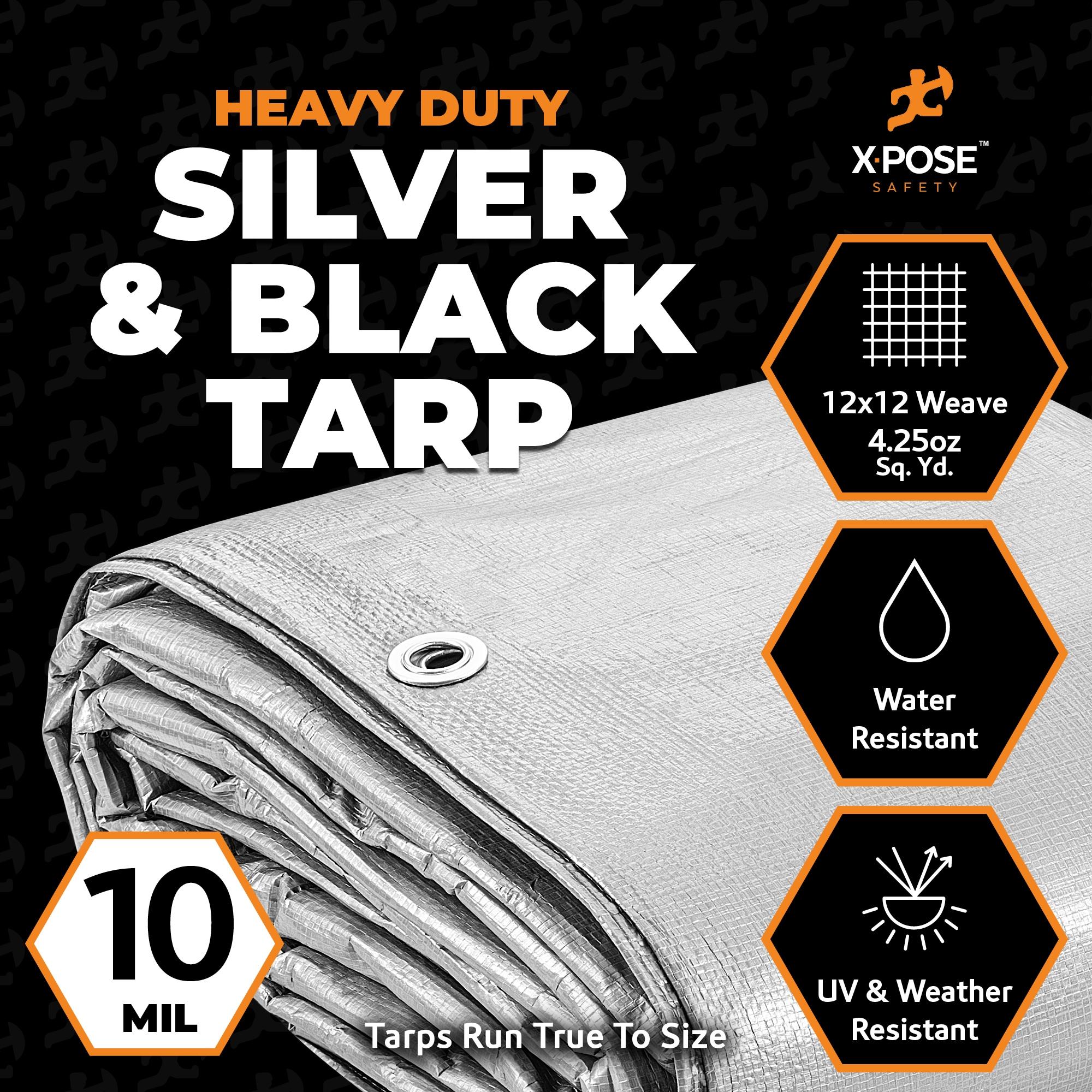 X-pose Safety Heavy Duty Poly Tarp - 25' x 40' - 10 Mil Thick Waterproof, UV Blocking Protective Cover - Reversible Silver and Black - Laminated Coating - Rustproof Grommets - by Xpose Safety