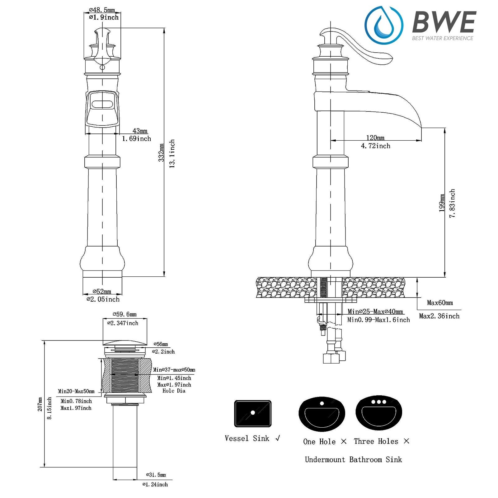 BWE Waterfall Single Hole Single-Handle Vessel Bathroom Faucet With Pop-up Drain Assembly