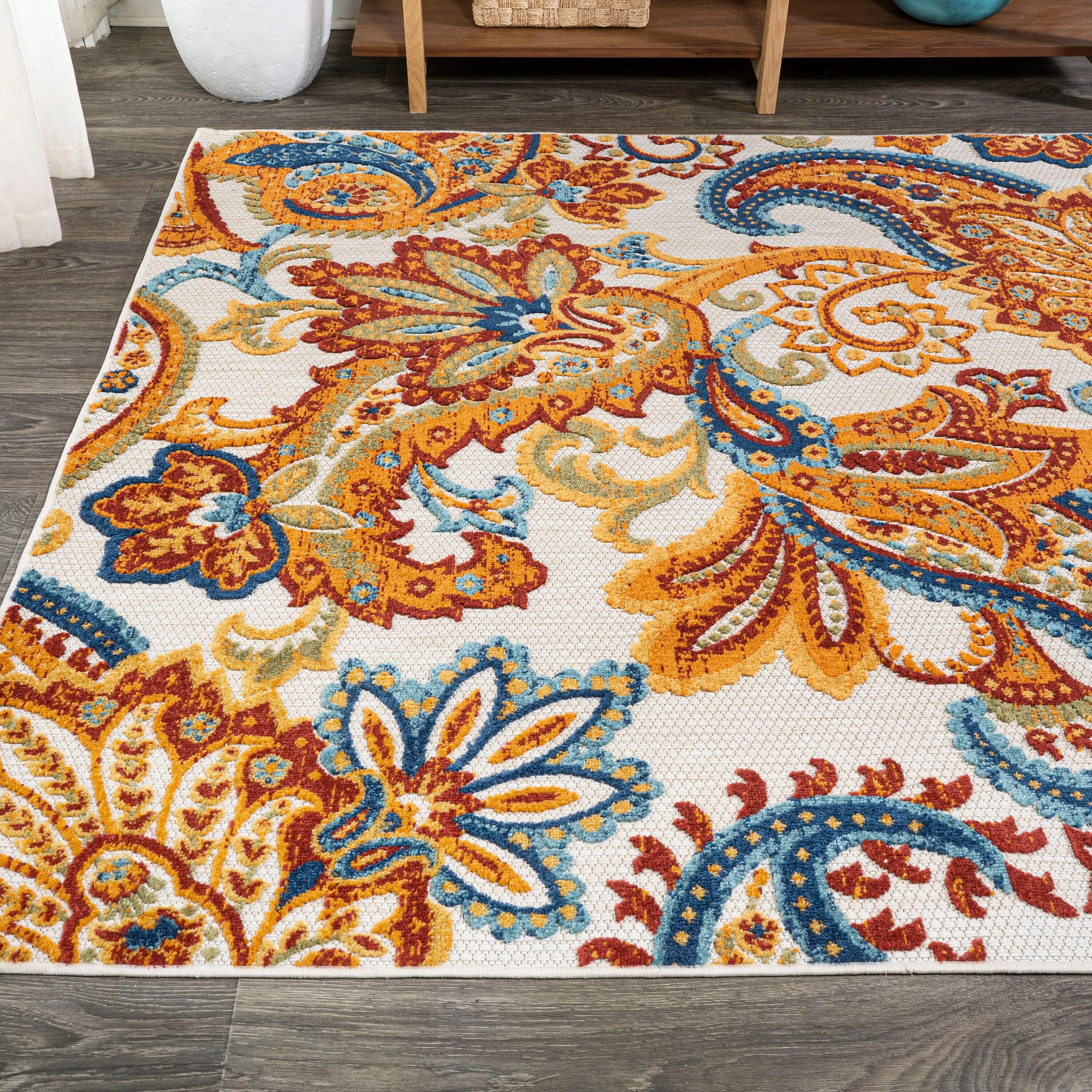 3'x5' Gordes Paisley High-Low Indoor/Outdoor Area Rug, Orange/Multi - JONATHAN Y